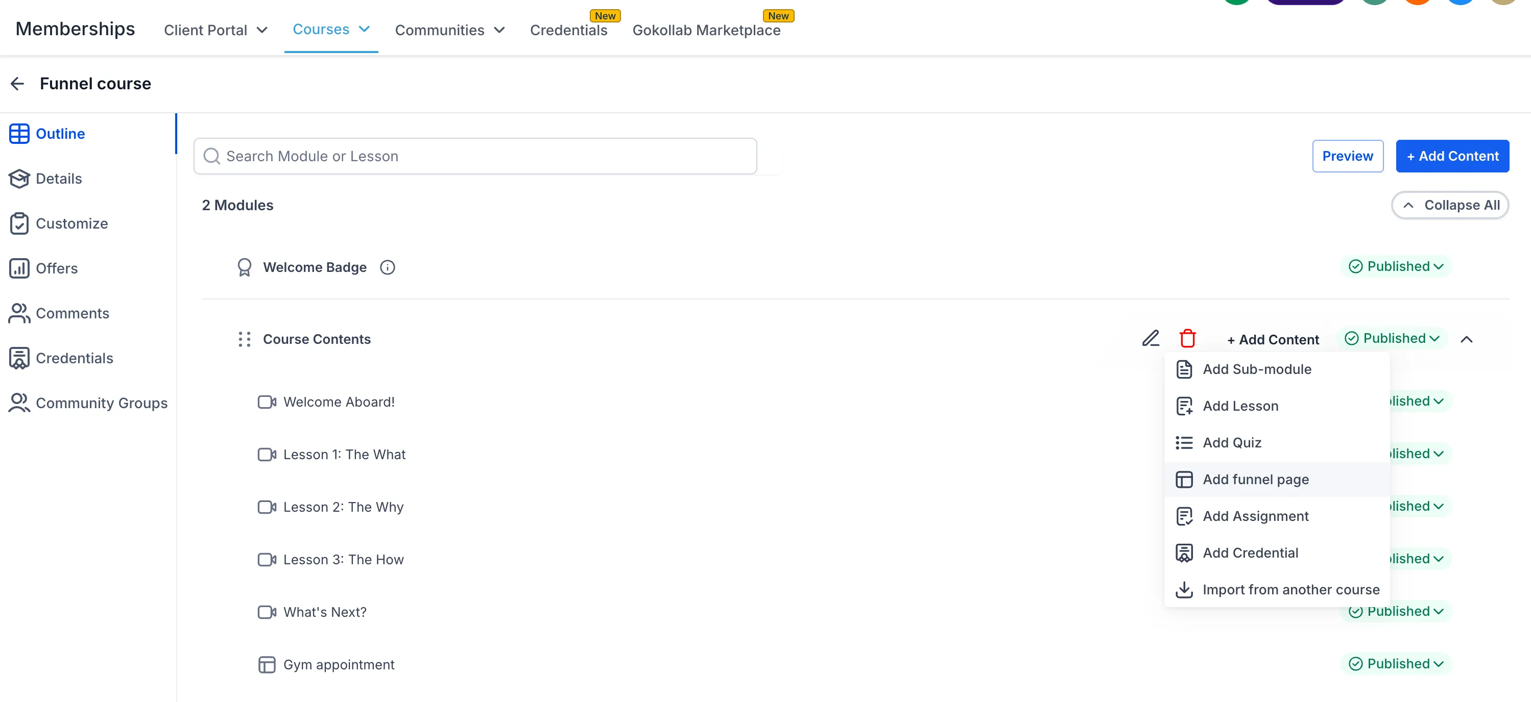 Funnels added as course lessons