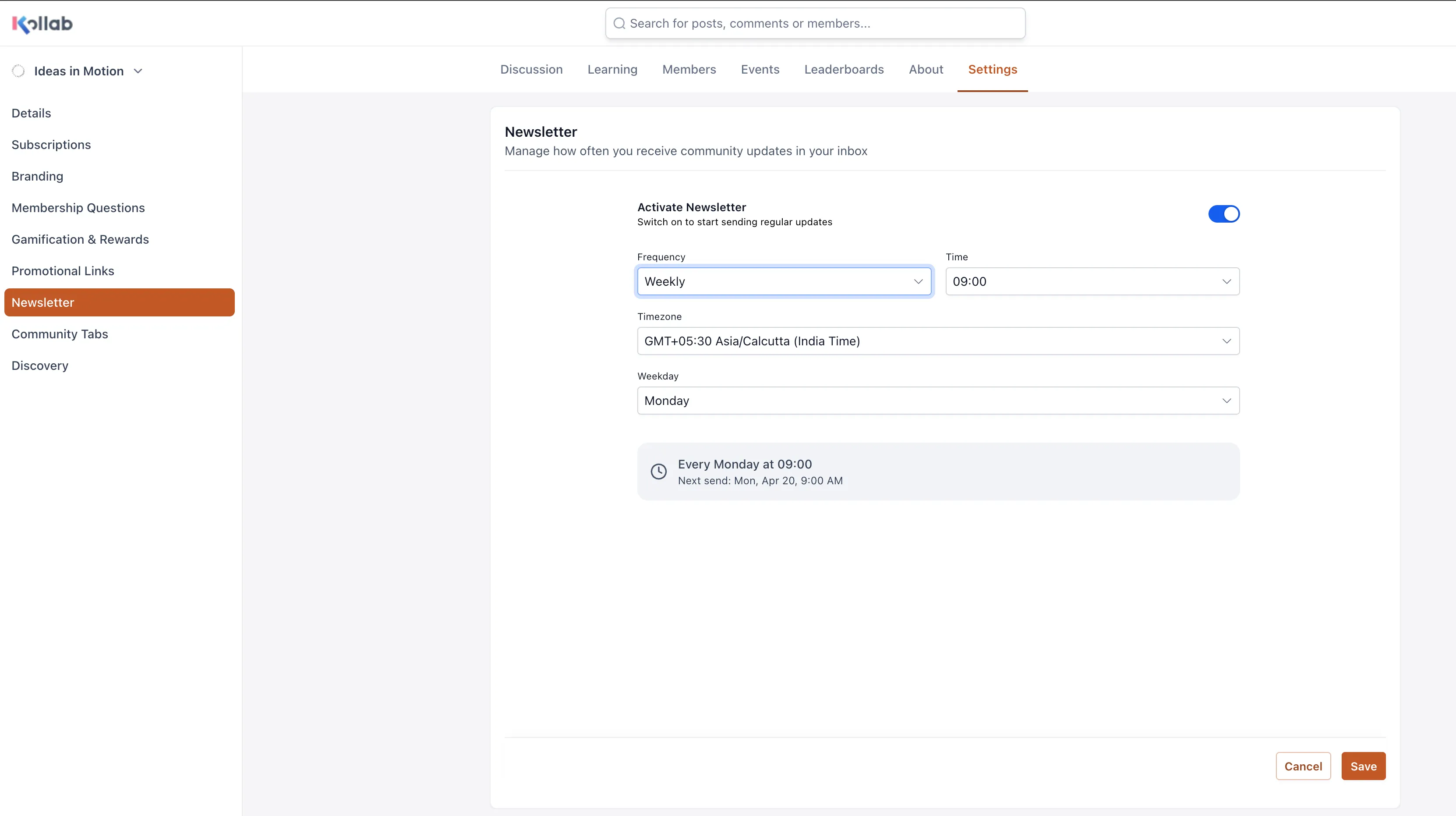 Newsletter time configuration settings