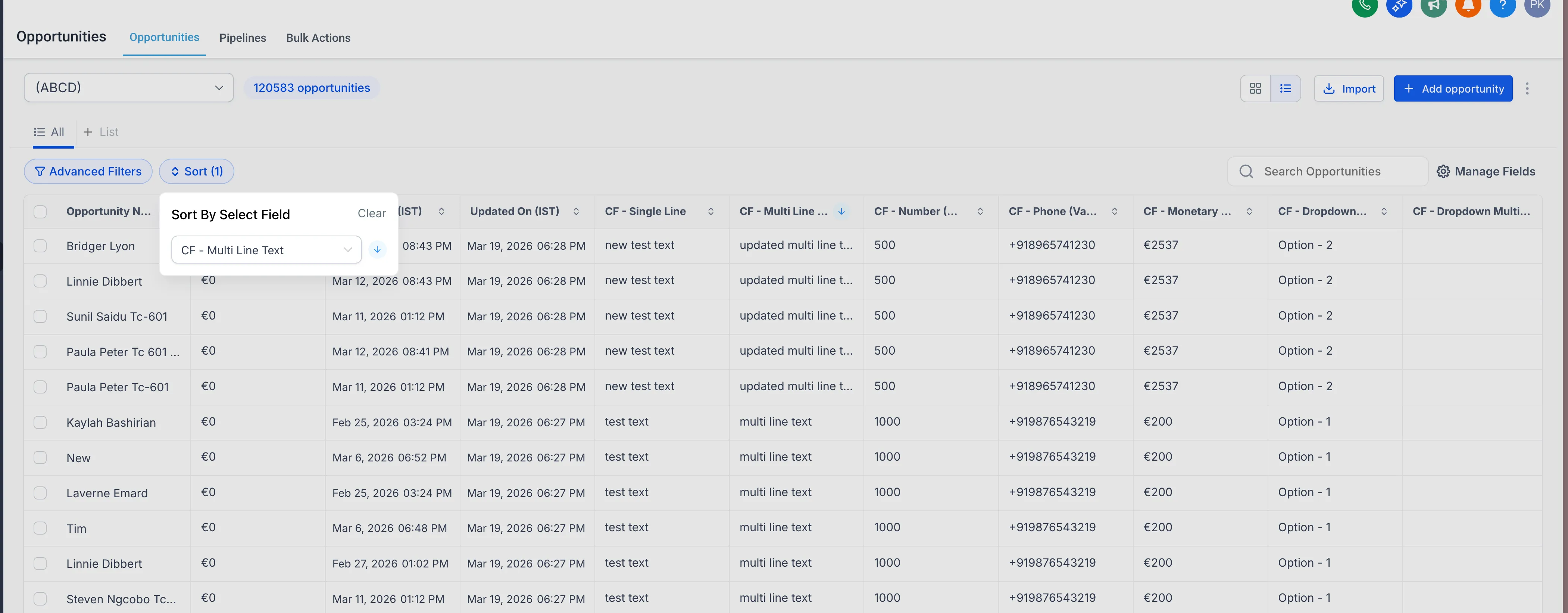 Sort opportunities menu