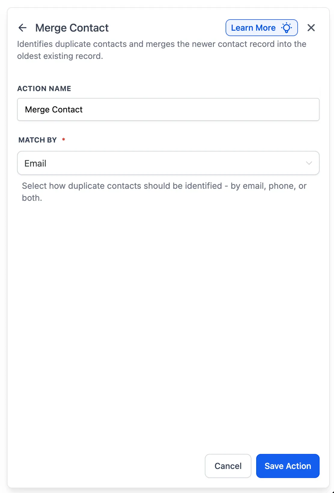 Merge Contact action settings