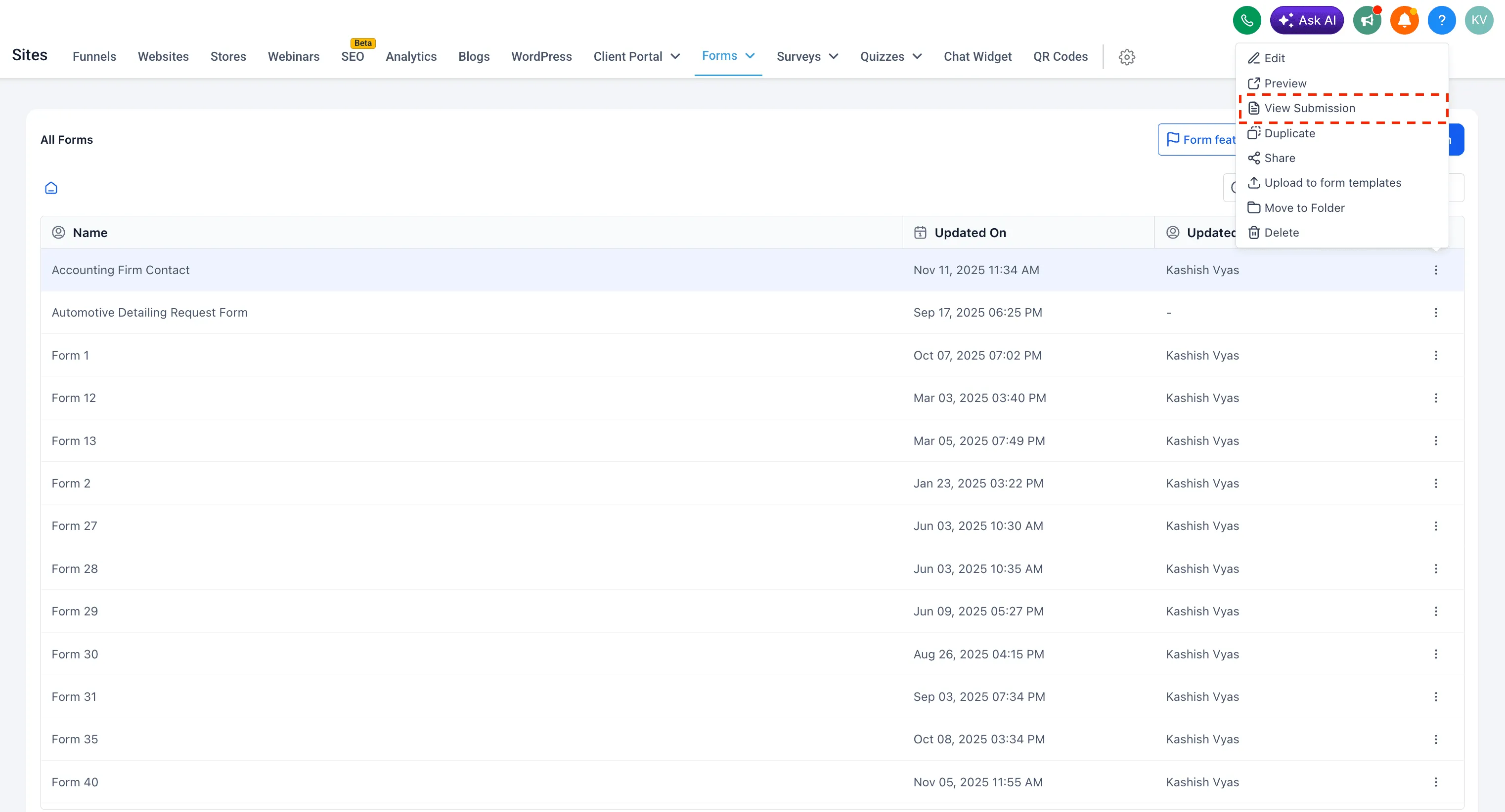 Manage Fields available fields view