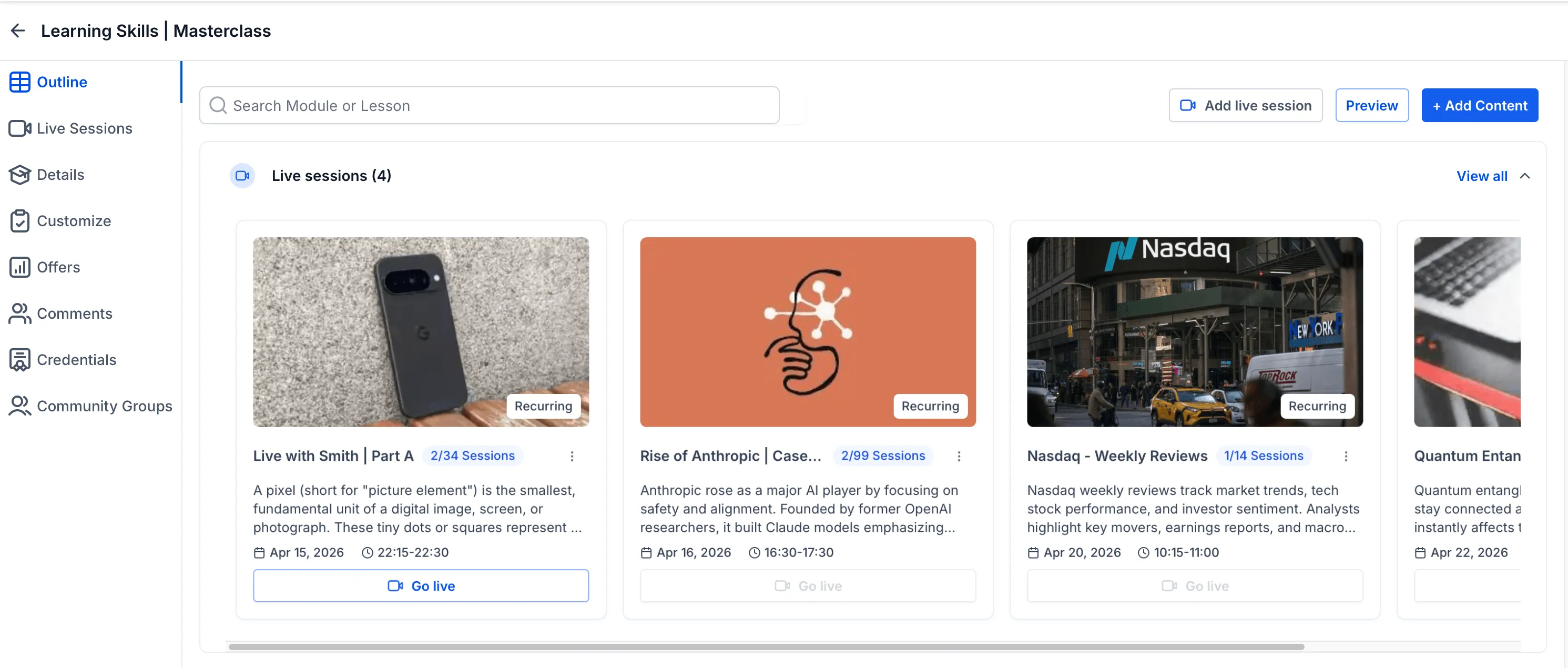 Live session scheduling in courses