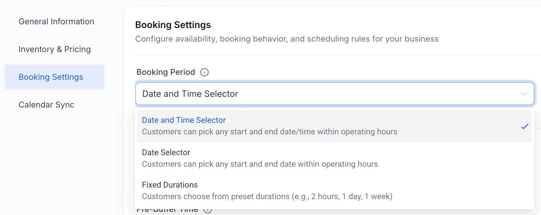 Rentals Booking Period Dropdown