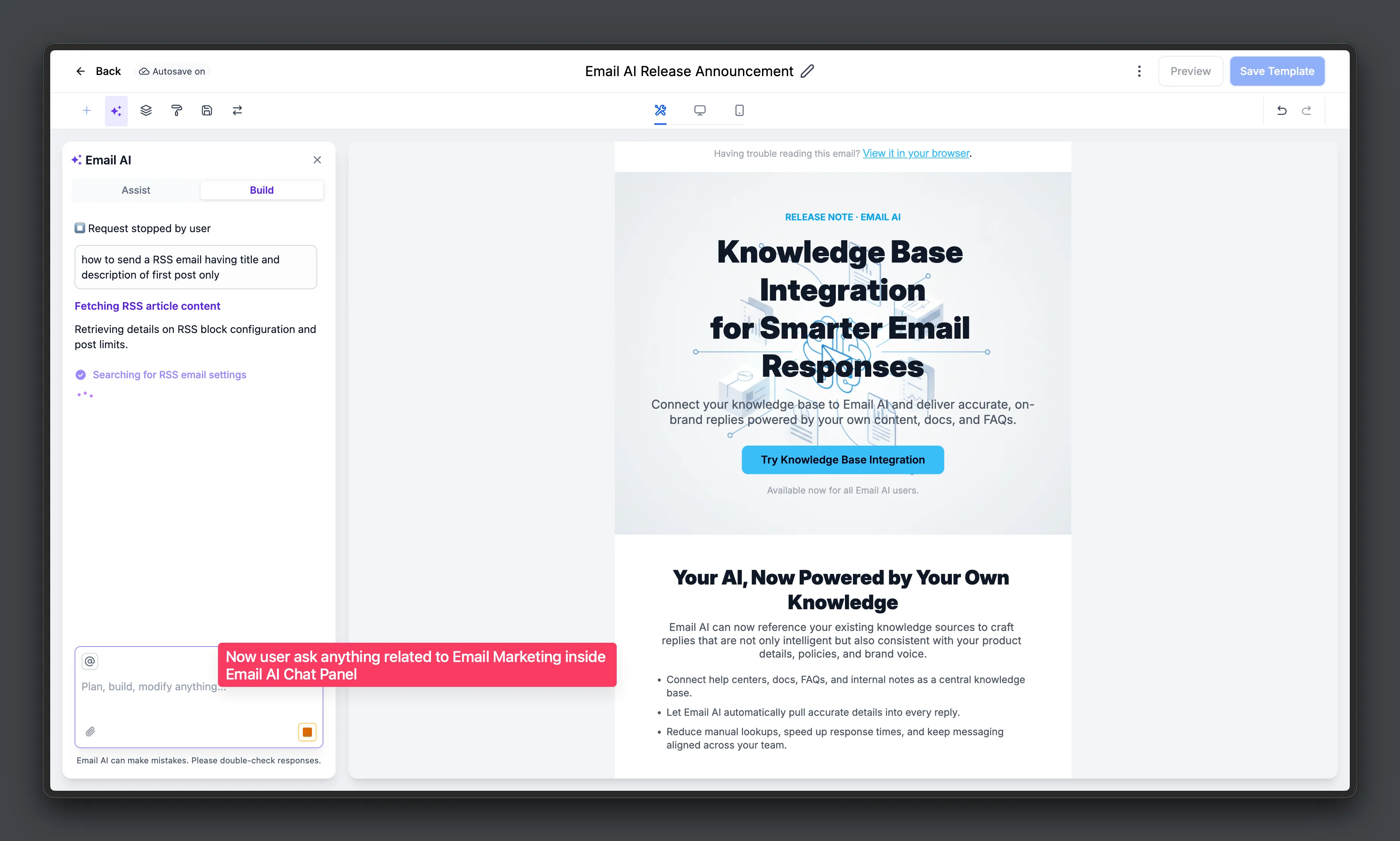 Email AI knowledge base integration screenshot