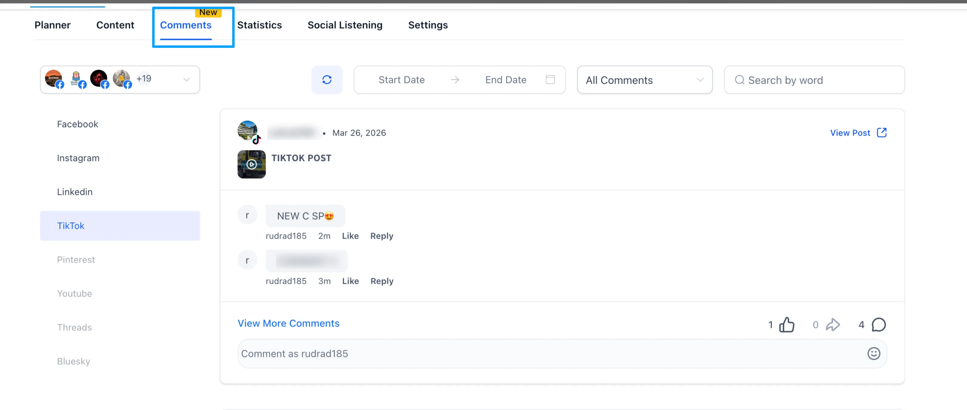 Social Planner TikTok comment management