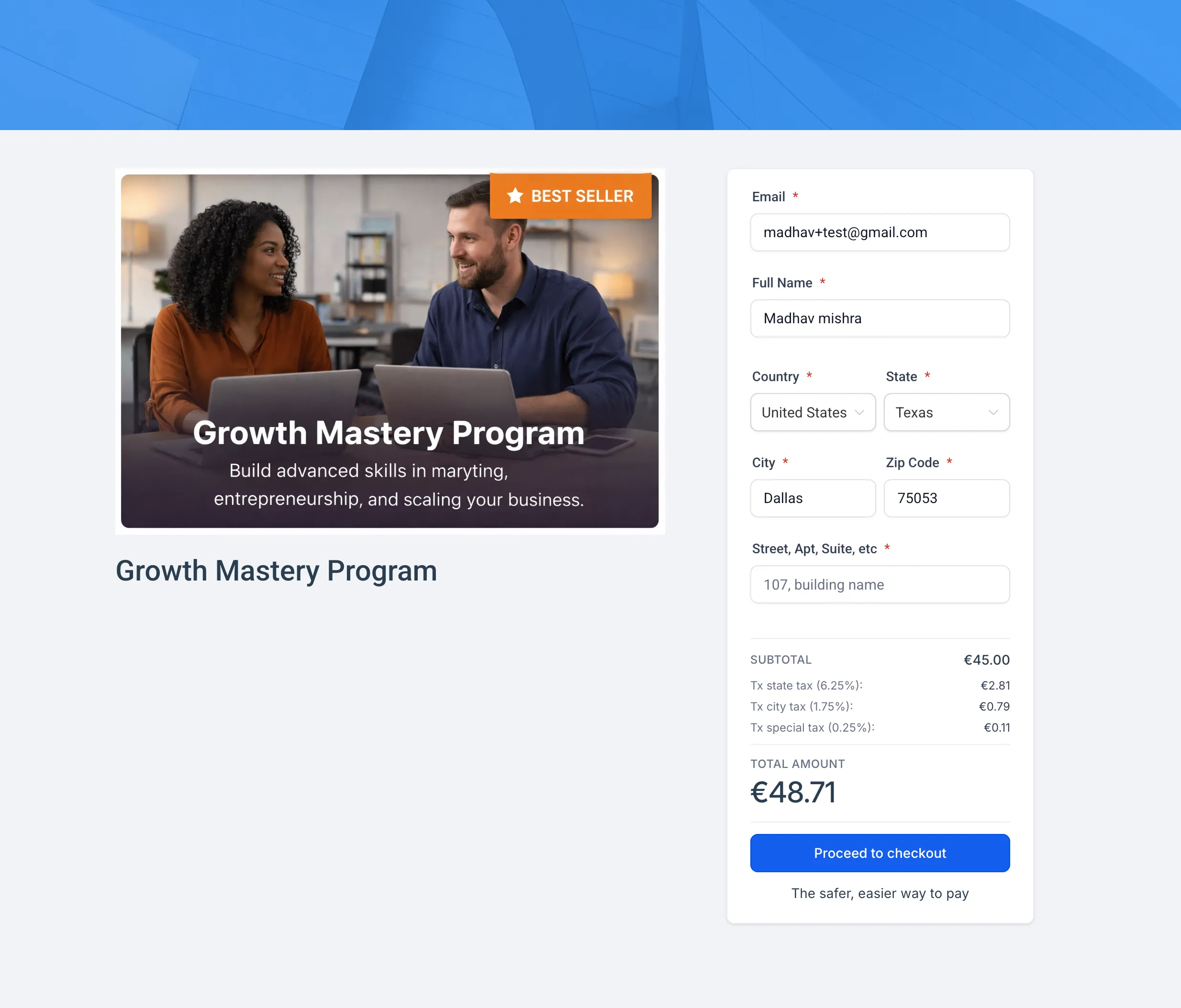Course checkout tax support screenshot