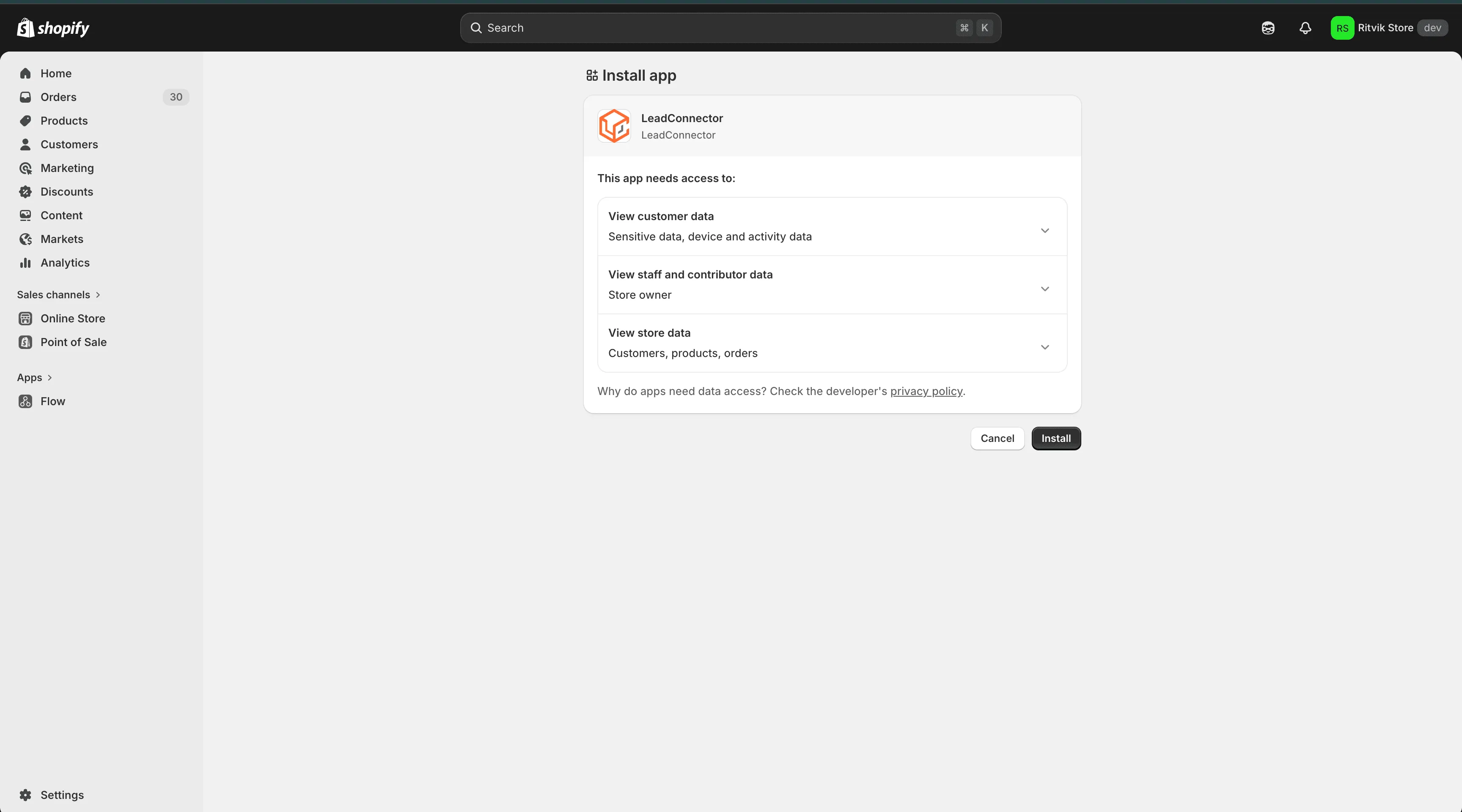 Shopify OAuth connection screen