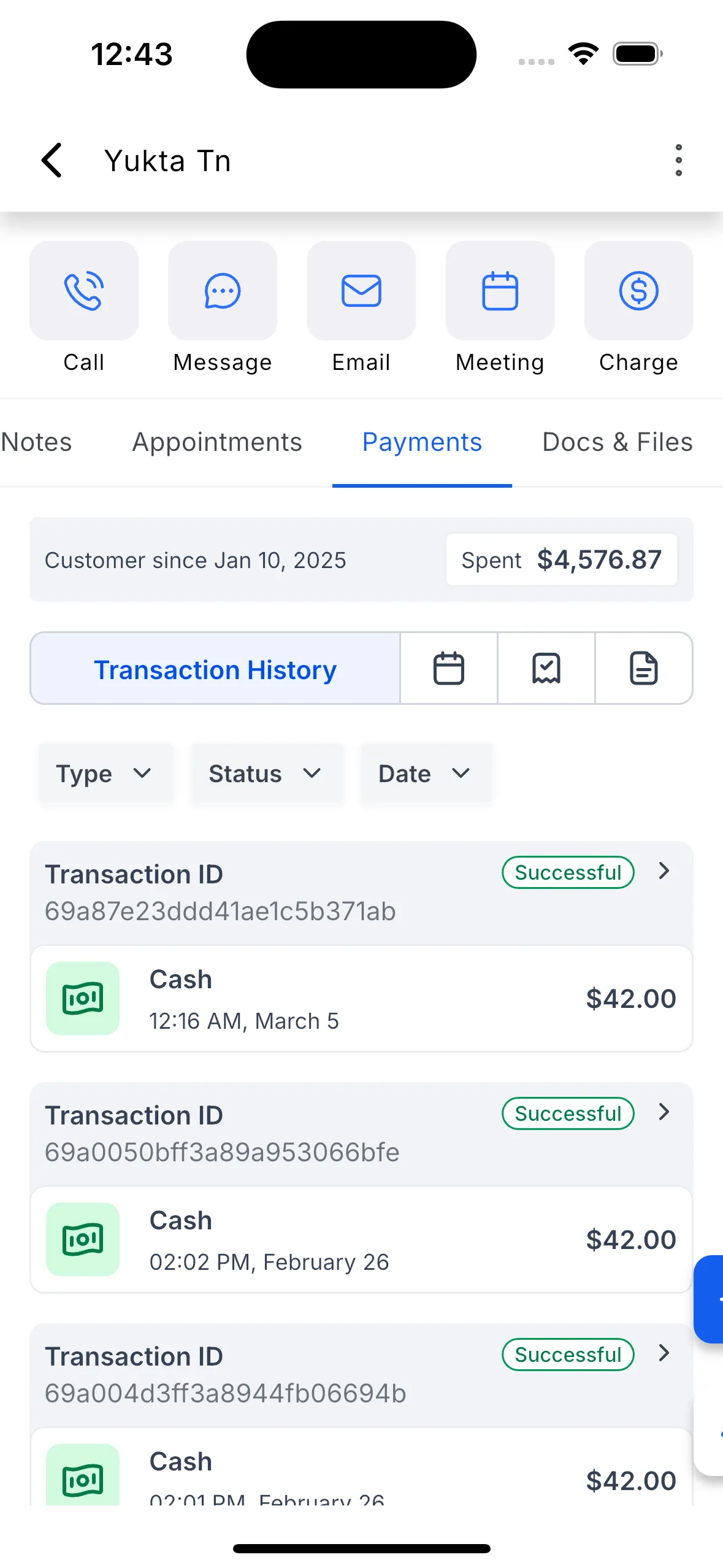 Payments tab in a contact record