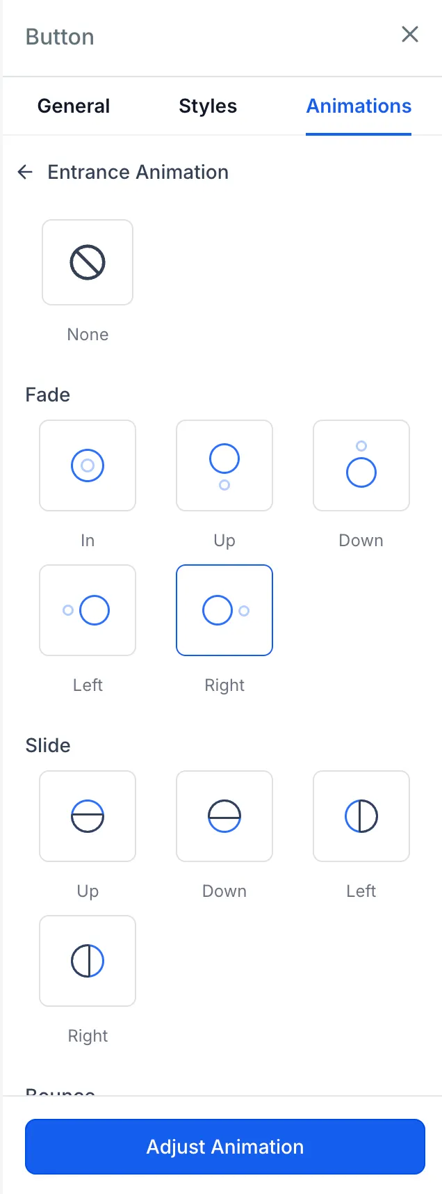 Entrance animation settings for a section