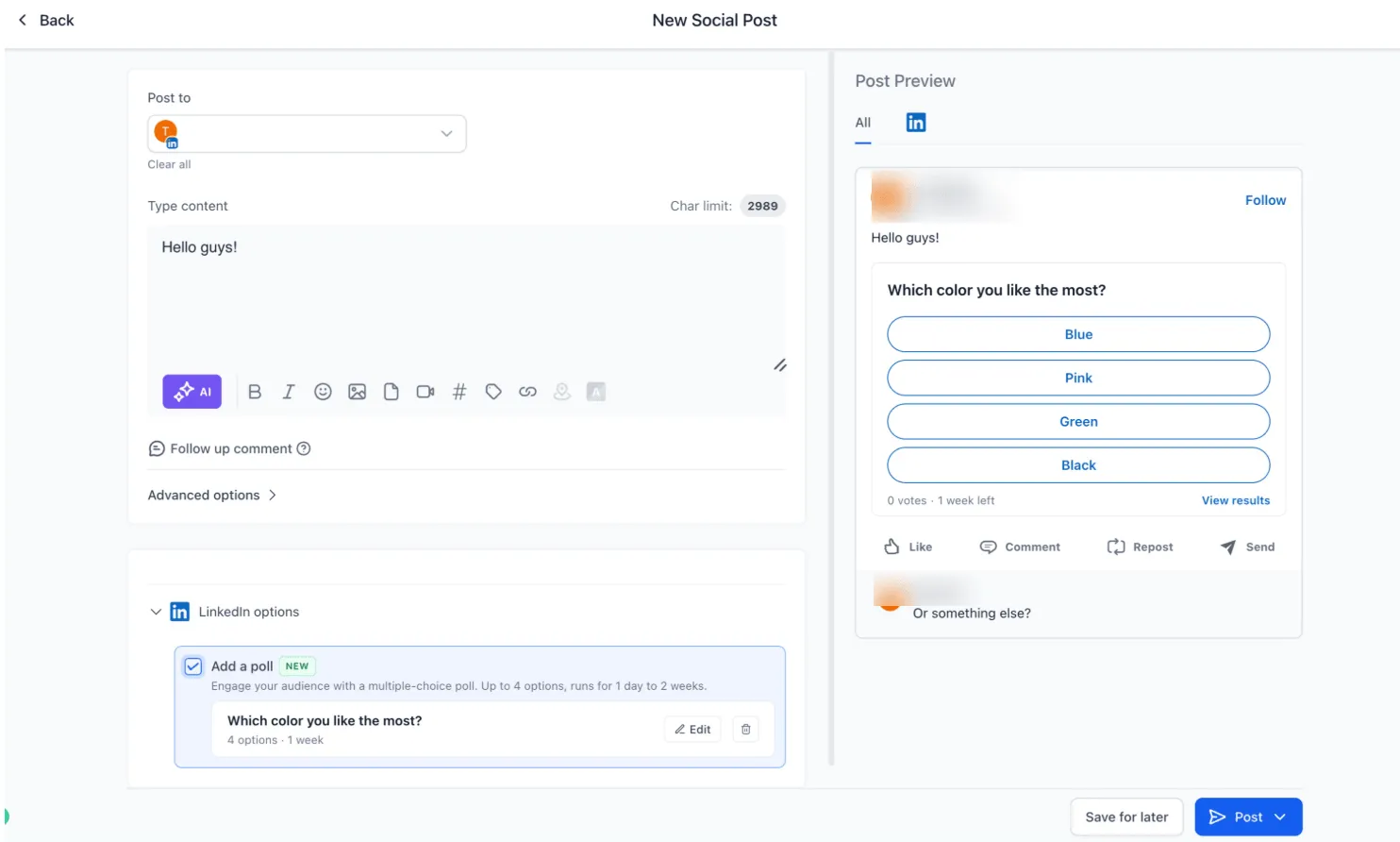LinkedIn Poll setup in Social Planner