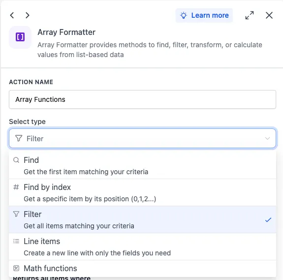 Array Formatter action panel
