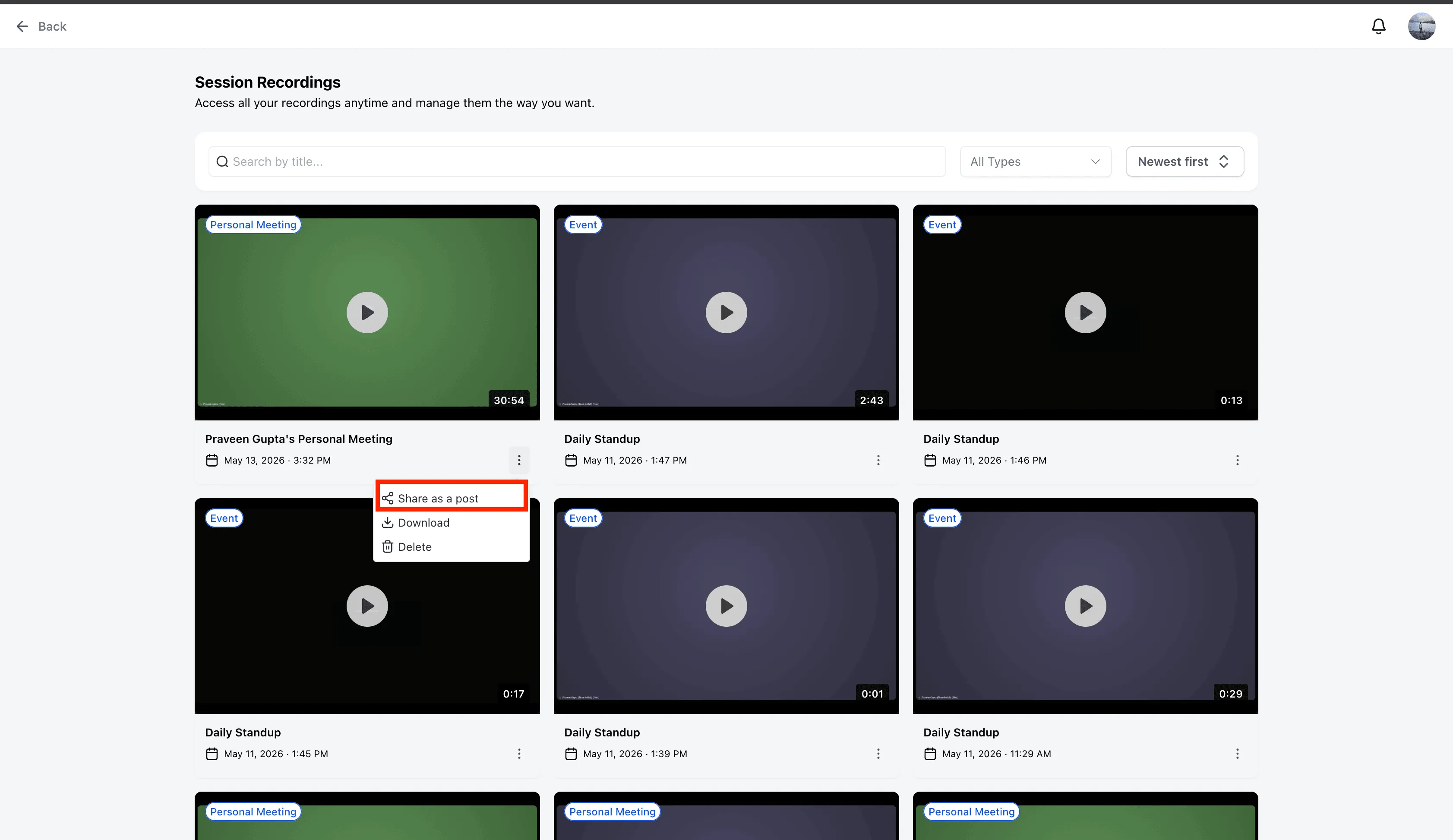 Share as Post option for a recording