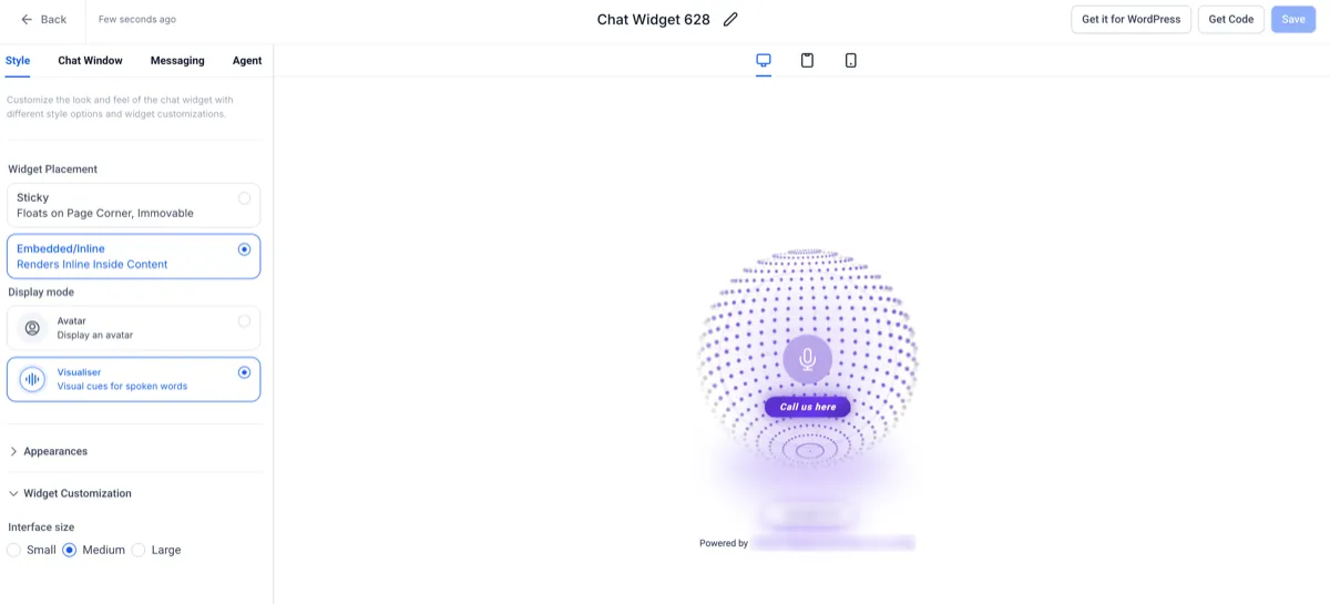 Voice AI widget placement controls