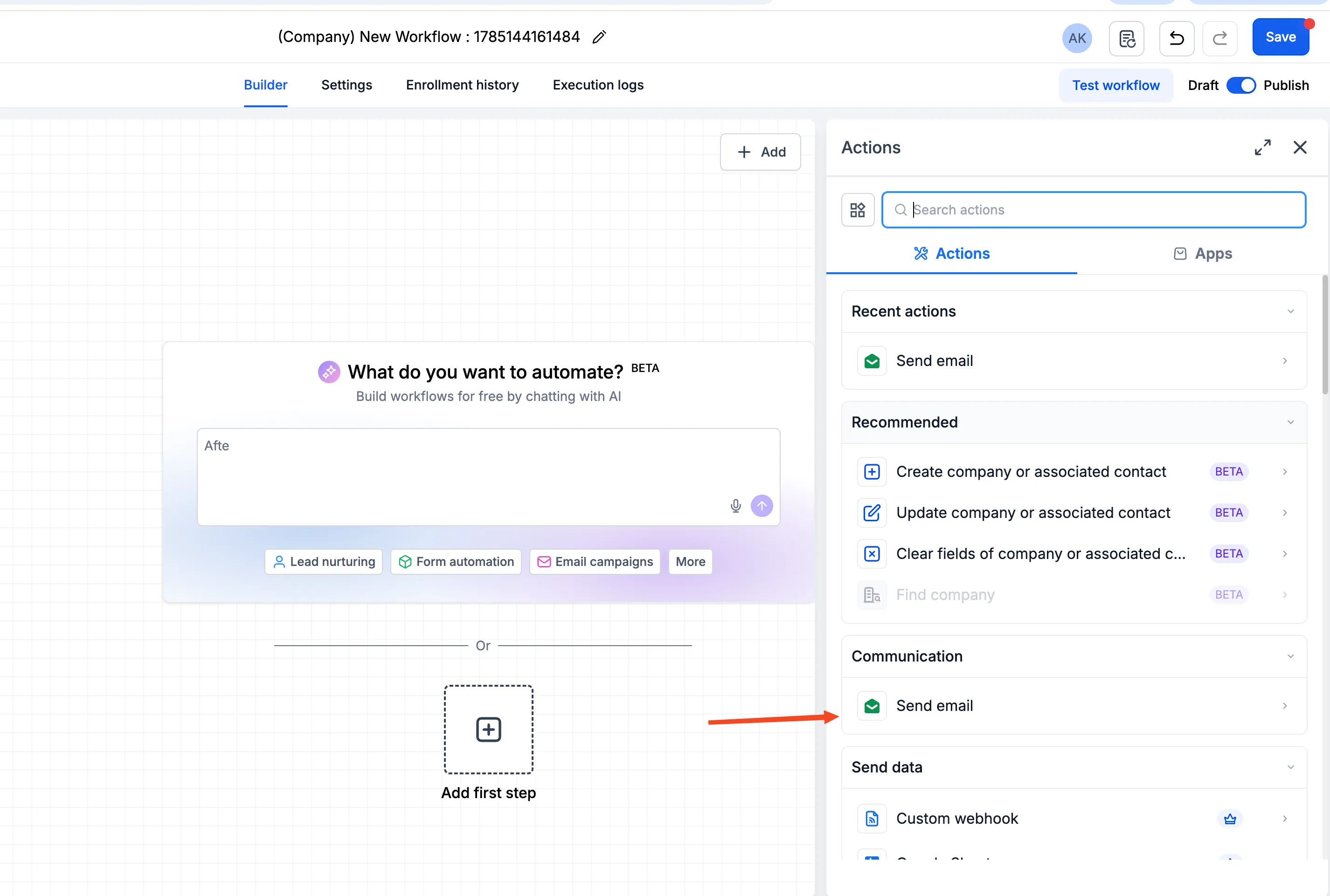 Send Email action in workflow