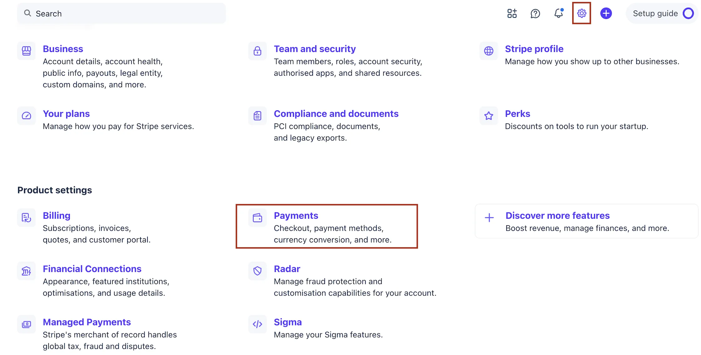 Stripe payment settings