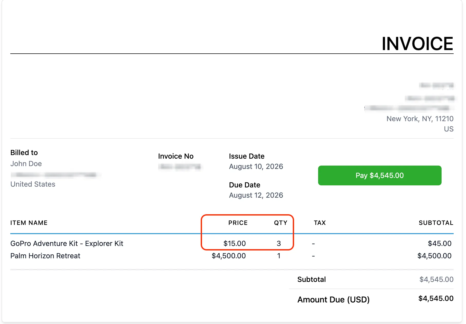 Invoice line item example