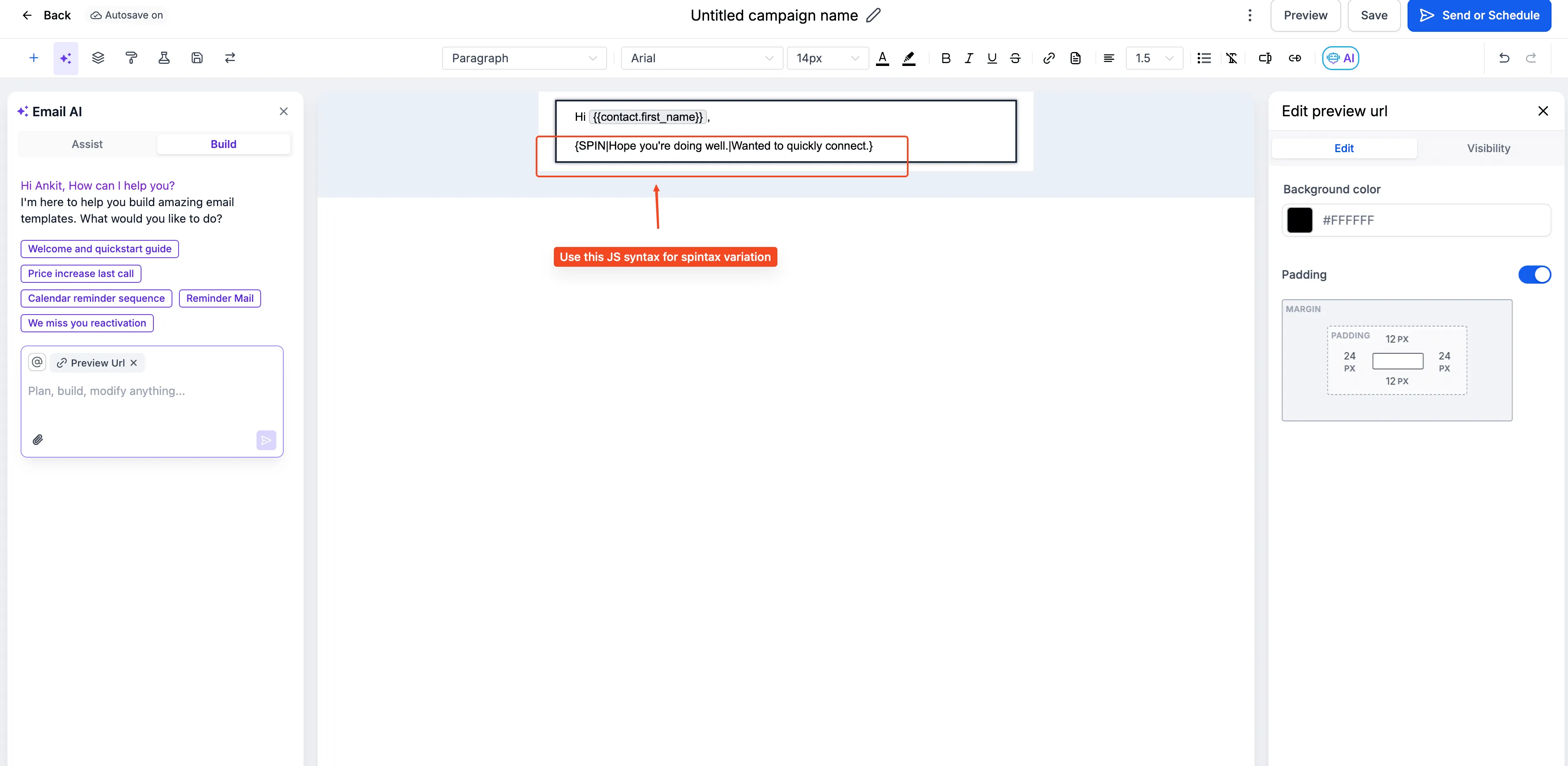 Spintax example in the email builder