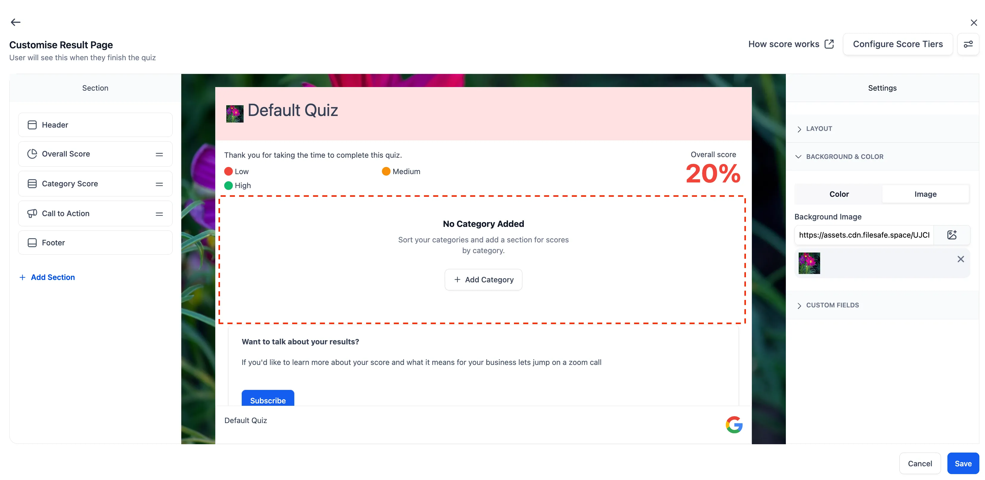 Quiz results page styling controls