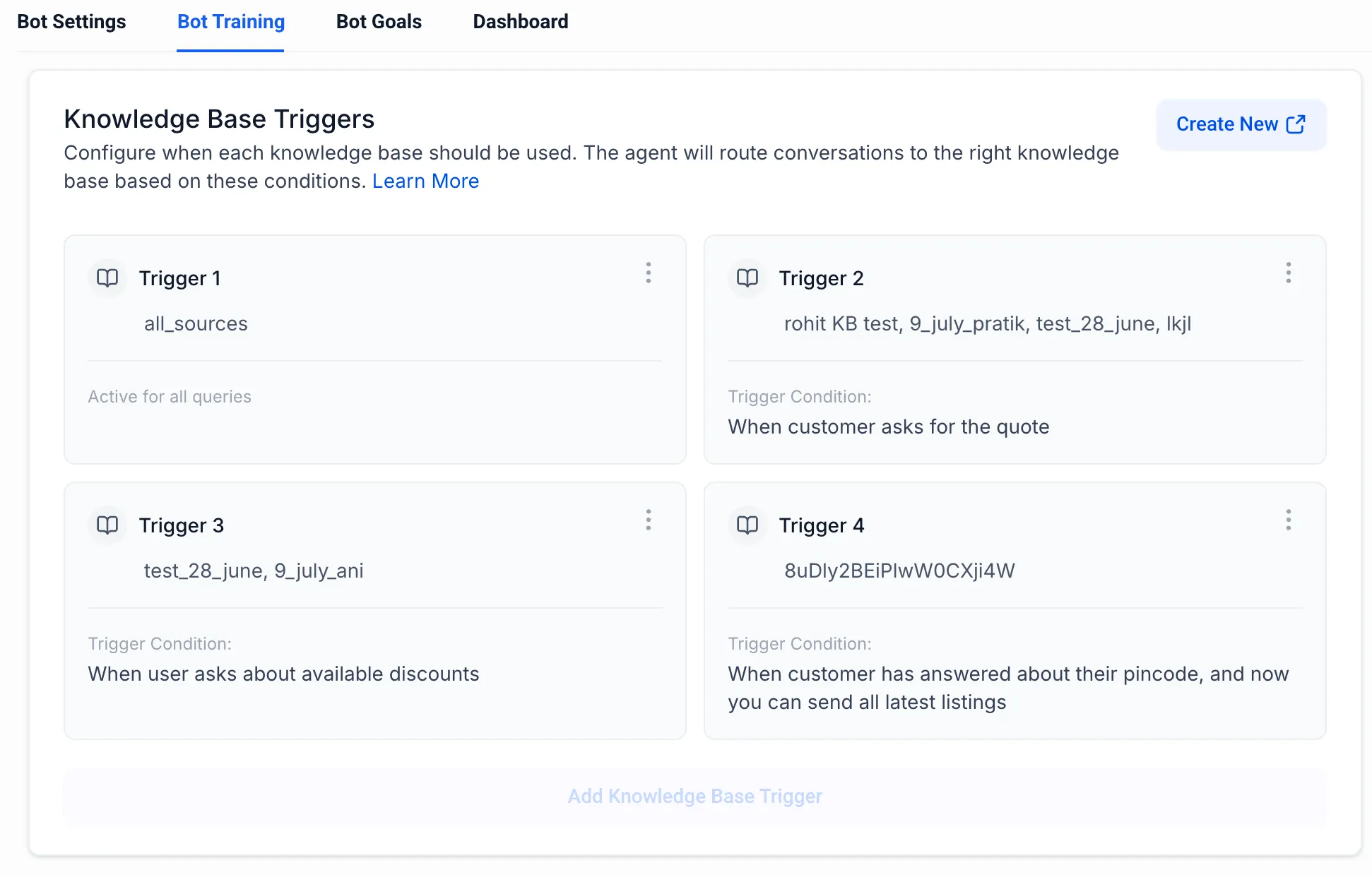 Conversation AI Knowledge Base trigger settings