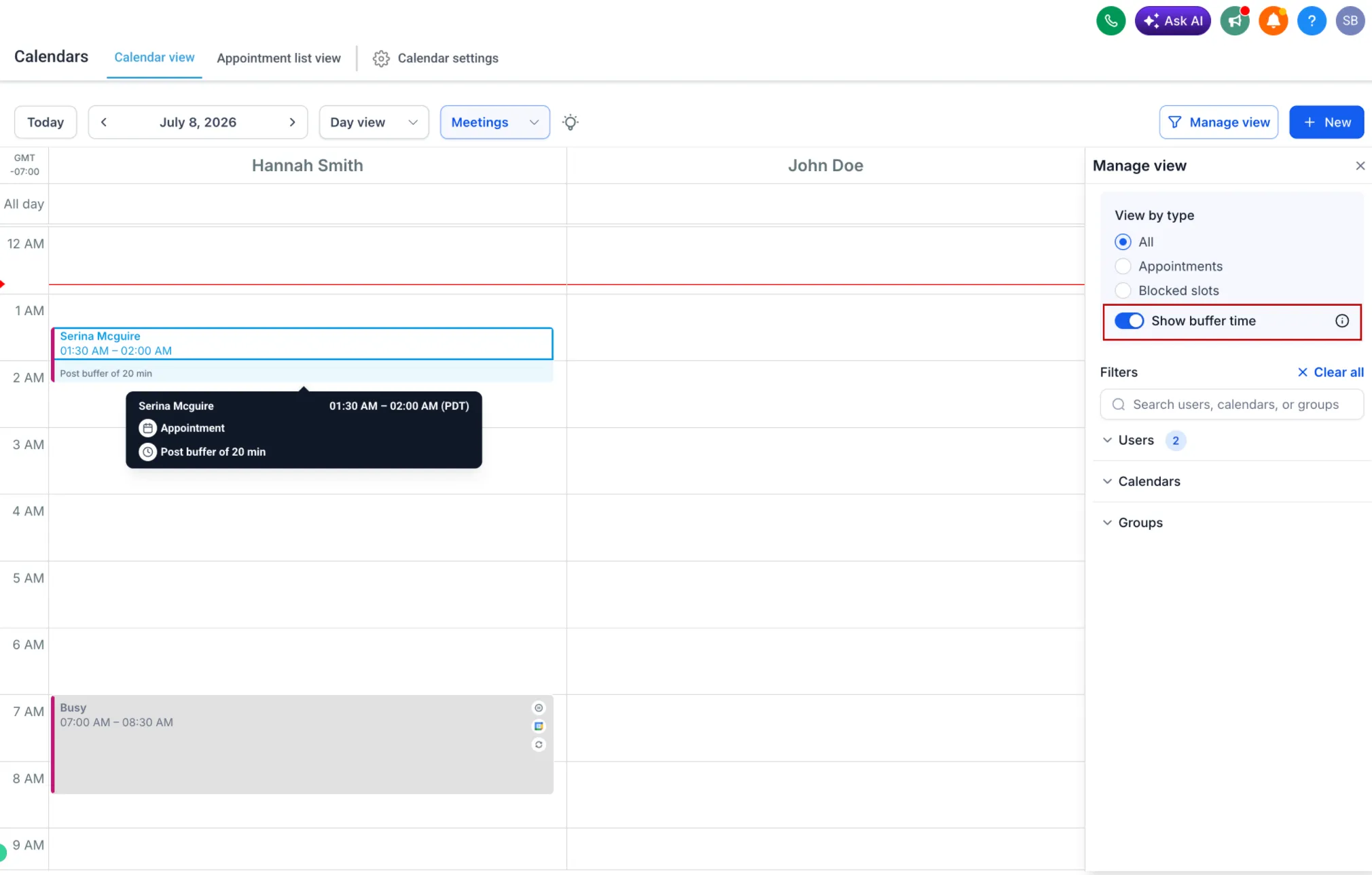 Buffer time shown in a calendar view