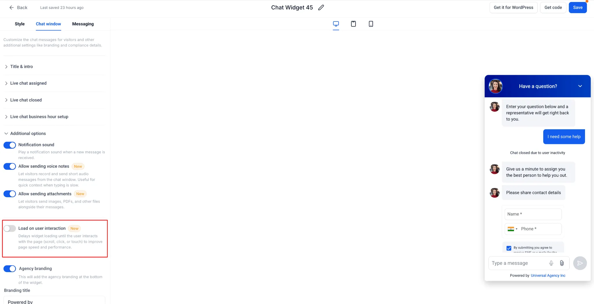 Chat widget load on user interaction setting