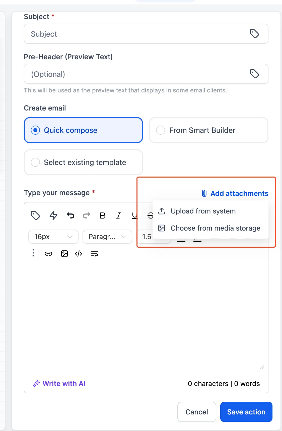 Selecting an attachment from the Media Library