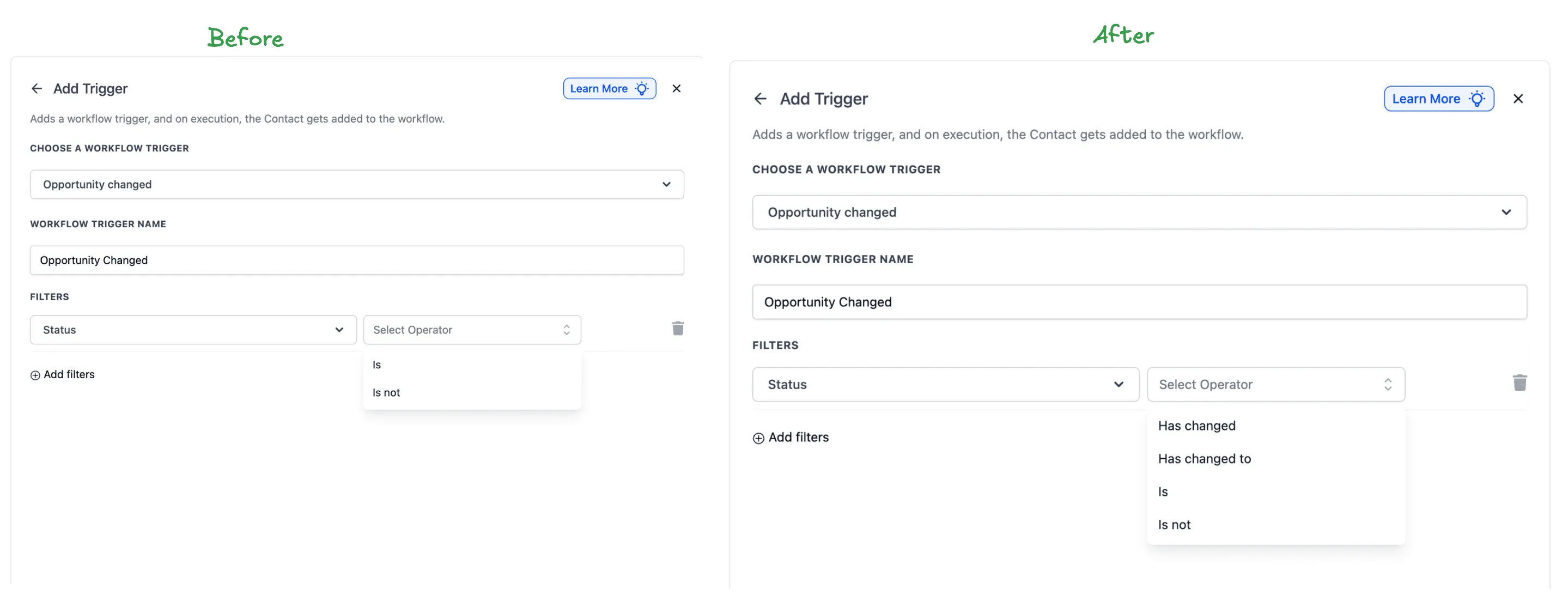 Completed opportunity field change trigger configuration in SMBcrm Workflows