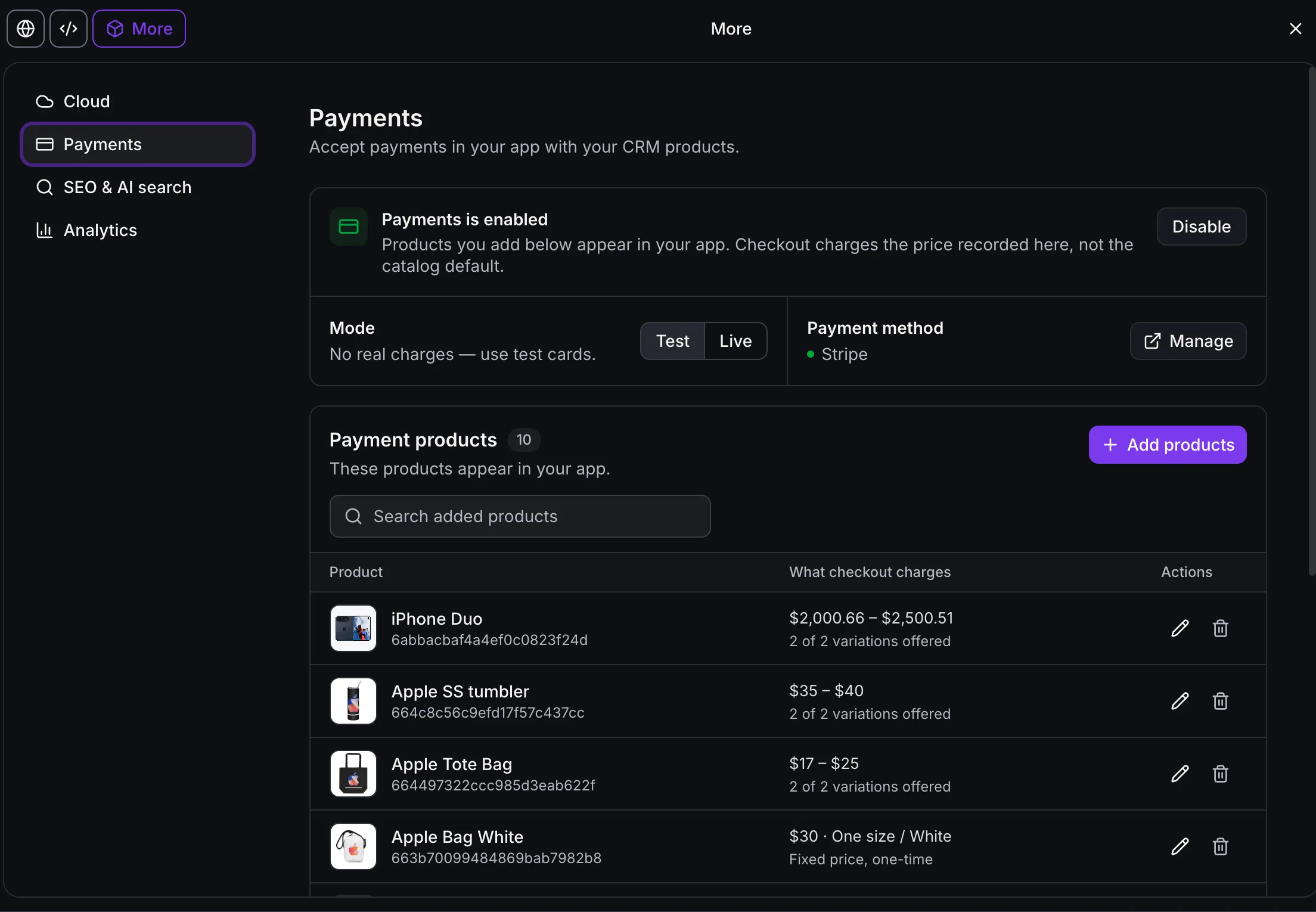 AI Studio Payments settings with test mode and product list