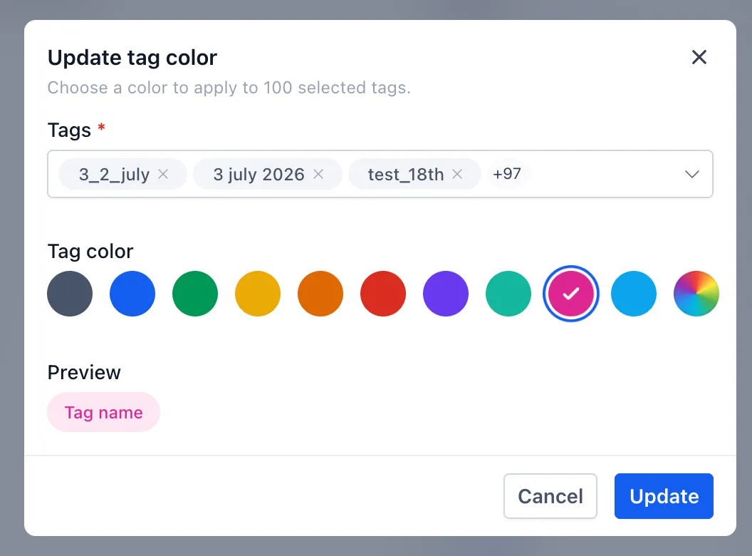Bulk tag-color dialog with a selected color and preview