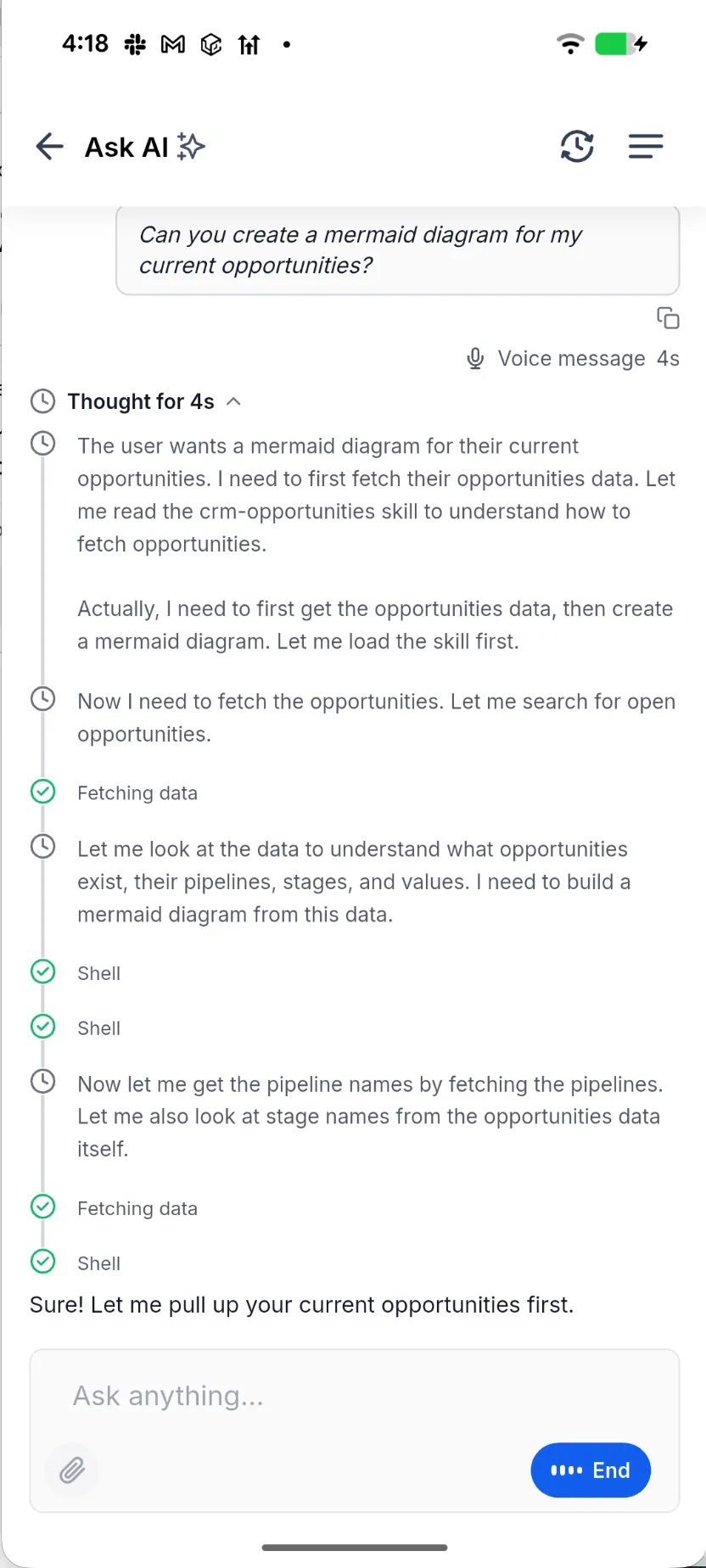 Ask AI mobile voice conversation requesting a summary of opportunities