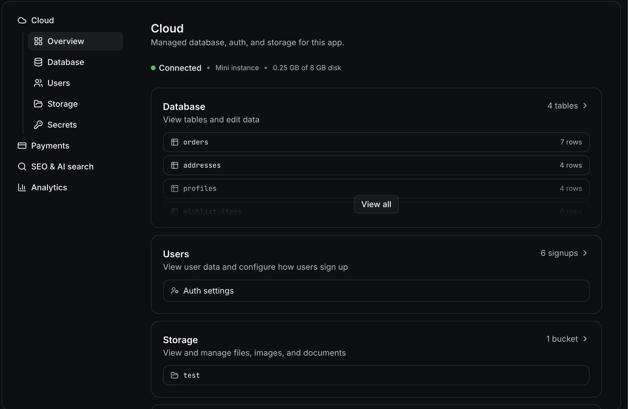 Cloud overview showing database tables, users, and storage buckets