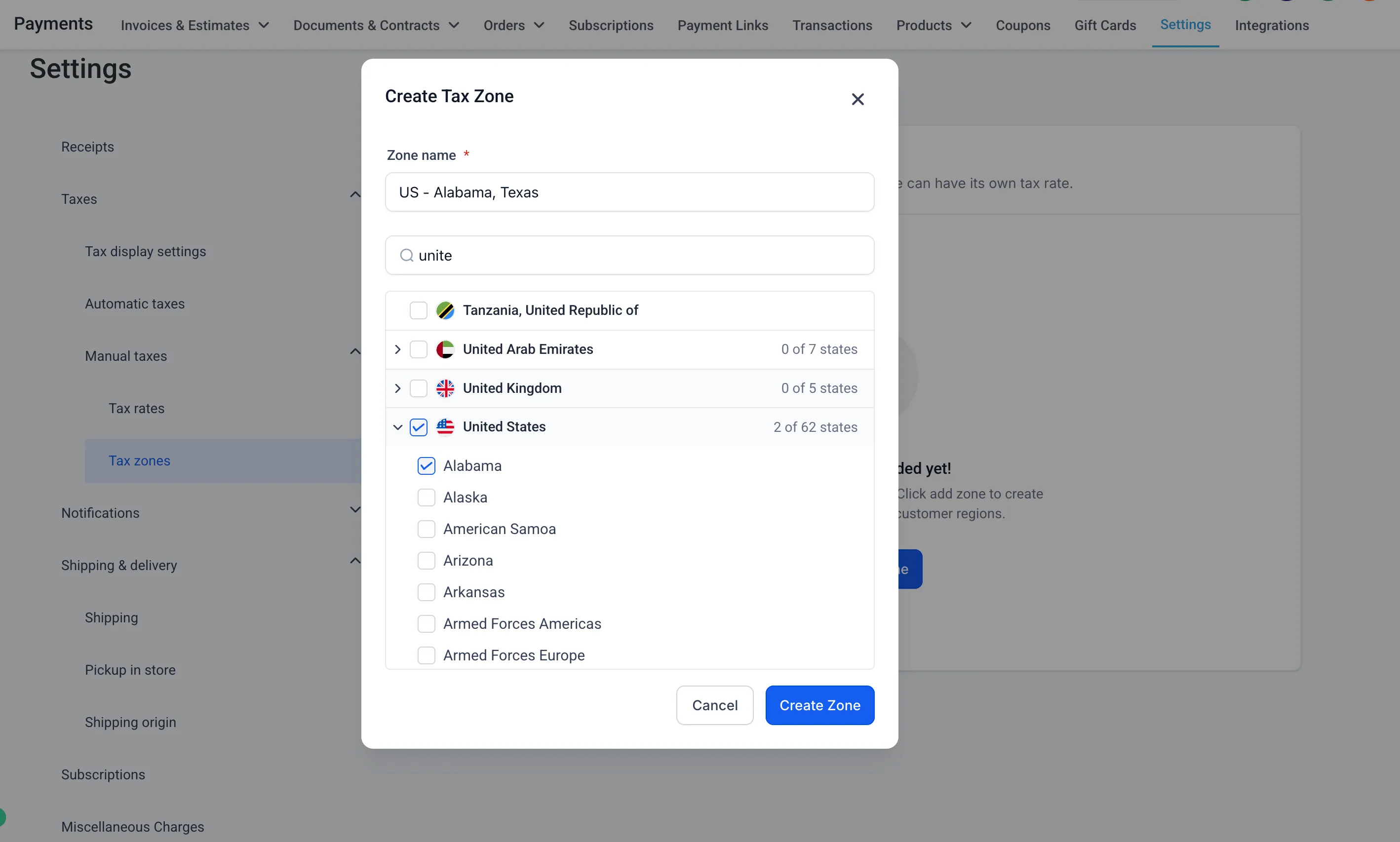 Create Tax Zone dialog with country and state selection