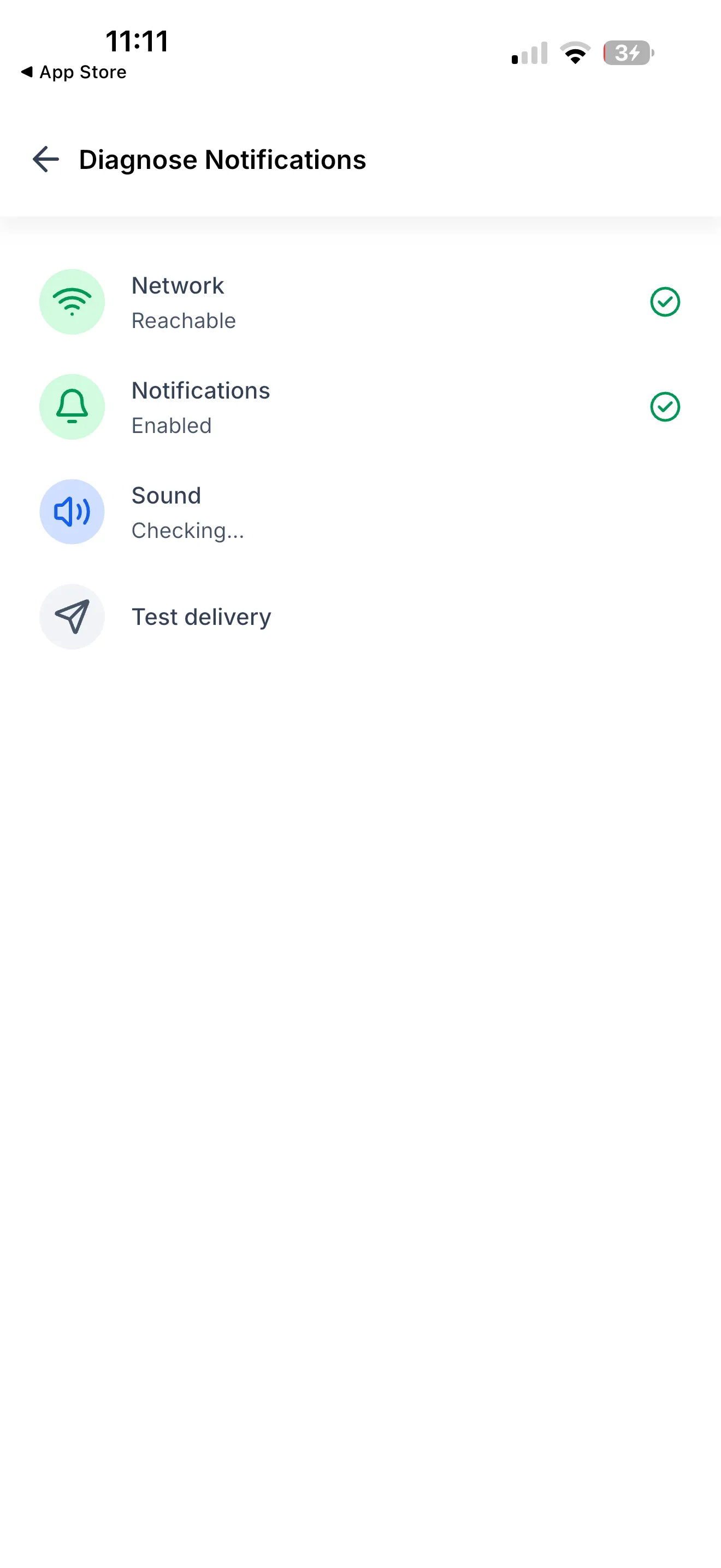 Notification diagnosis checking network access, permissions, sound, and test delivery
