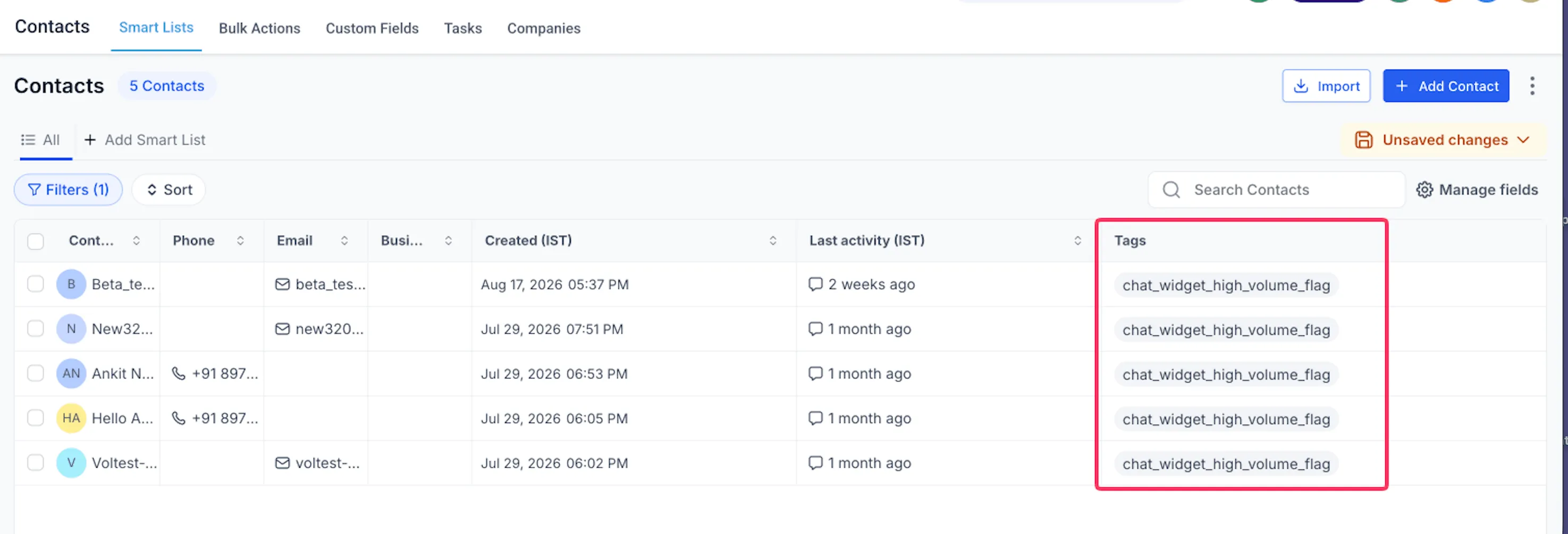 Contacts table with the chat widget high-volume review tag highlighted