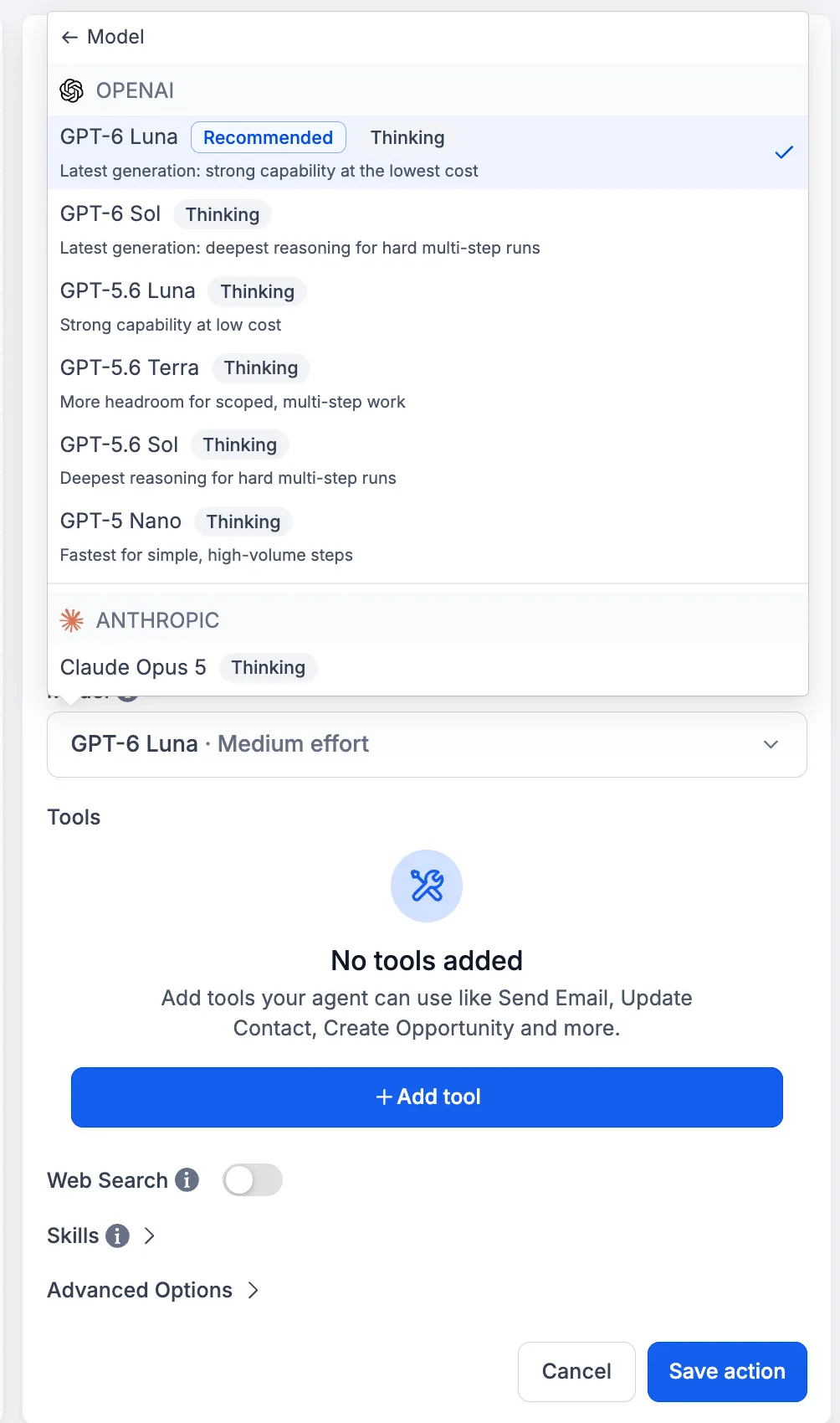 AI Agent model menu with GPT-6 Luna selected and GPT-6 Sol available