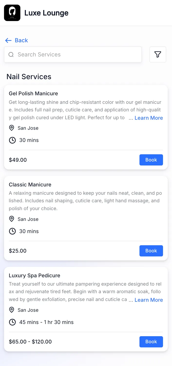 Booking page with service images