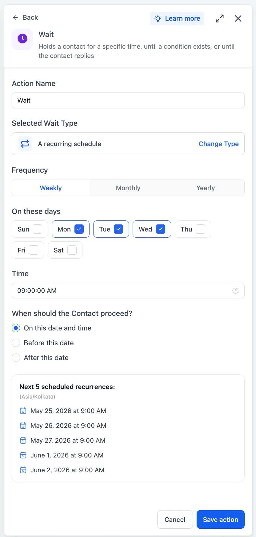 Recurring wait schedule settings