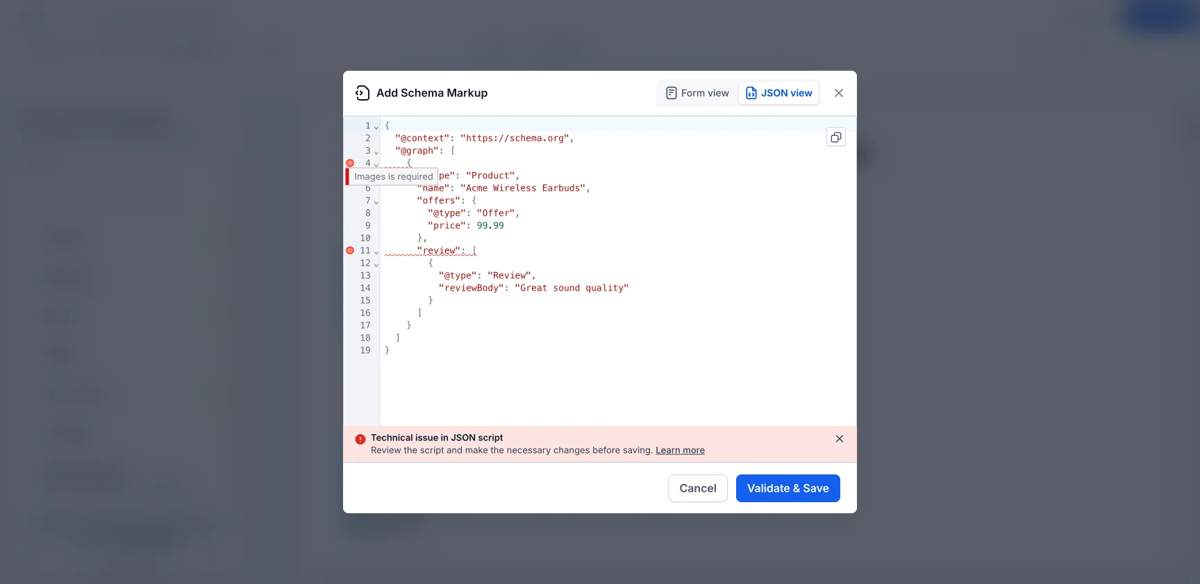 Schema validation tooltip