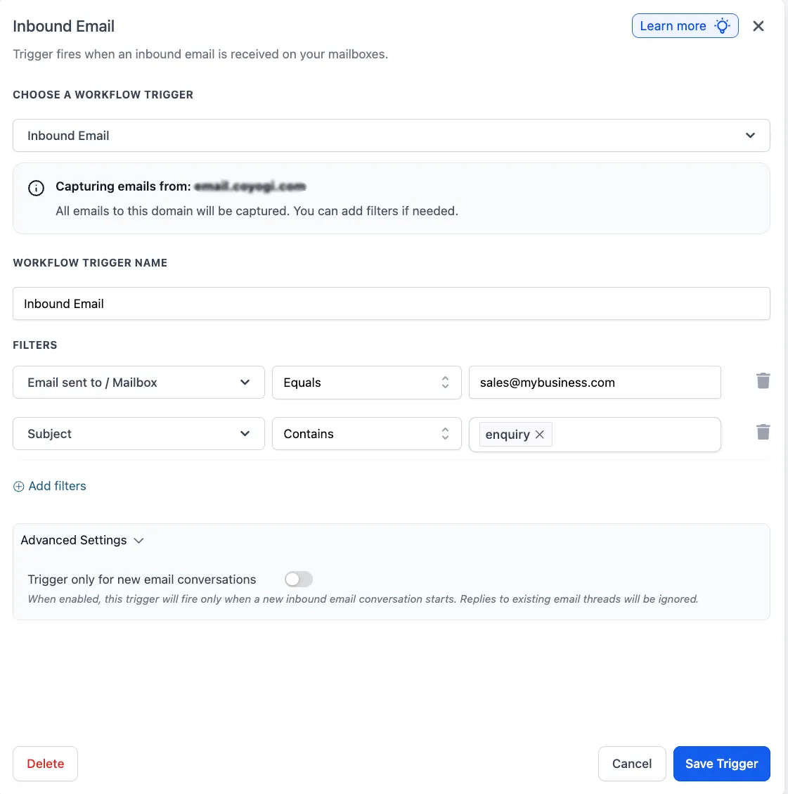 Inbound Email Trigger filters