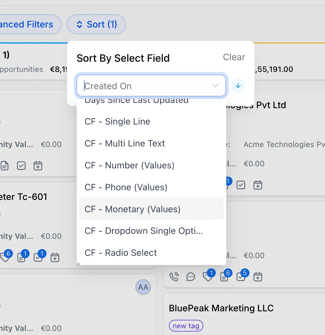 Select a custom field for sorting