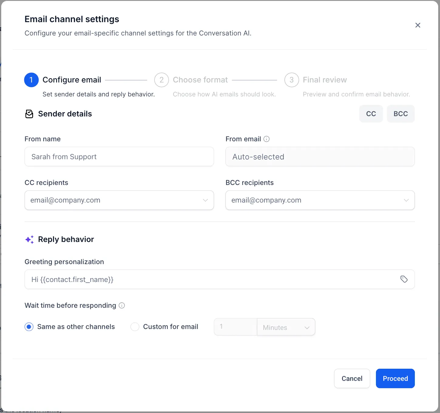 Email advanced settings in Conversation AI