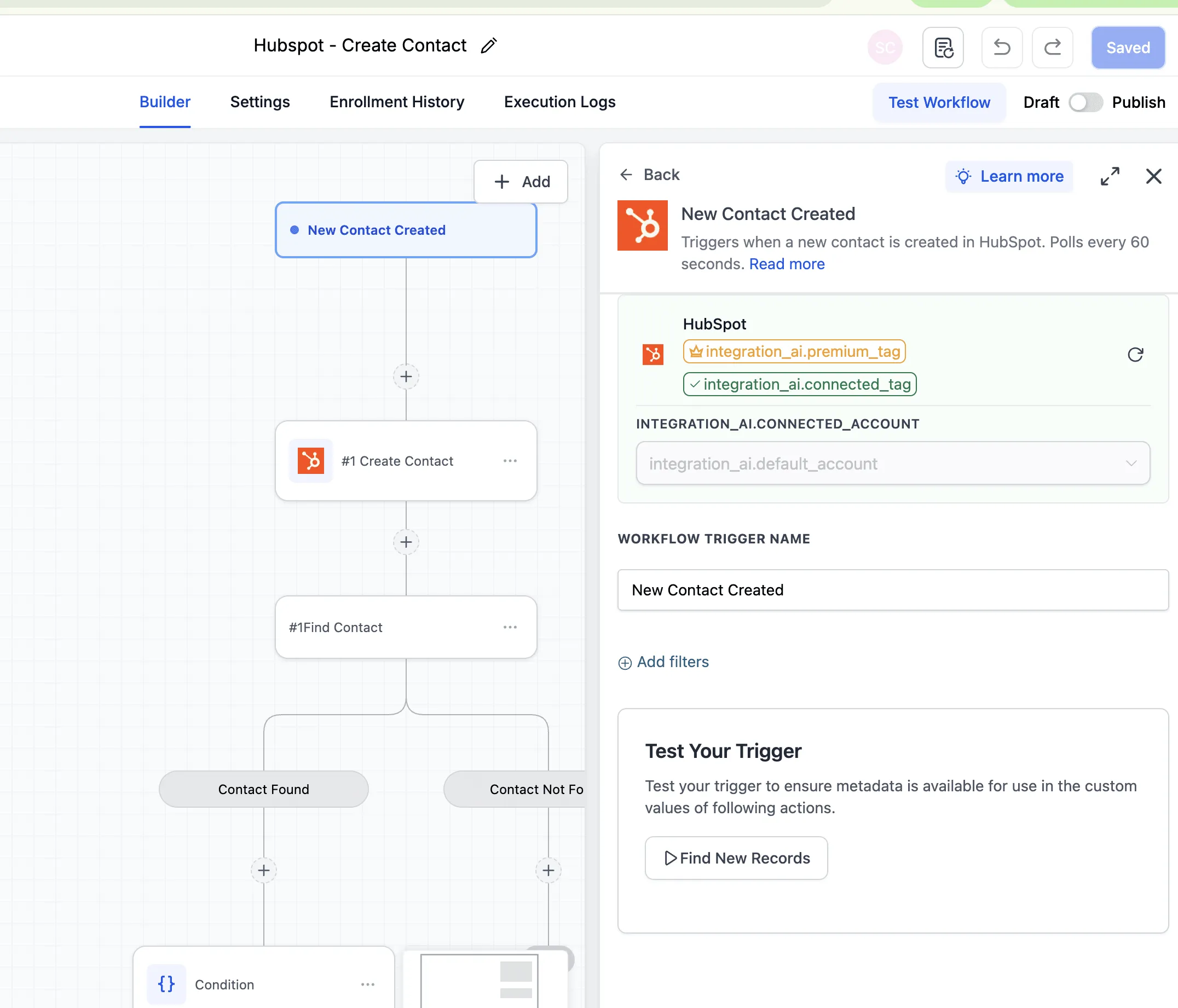 HubSpot trigger setup in workflow builder