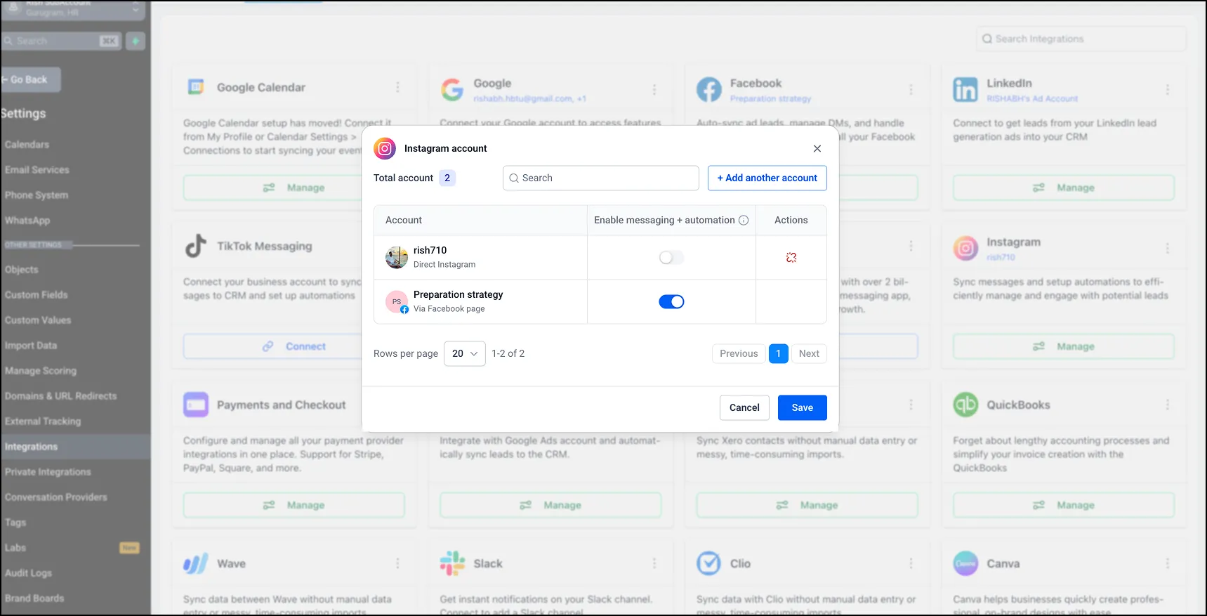 Unified Instagram connection modal
