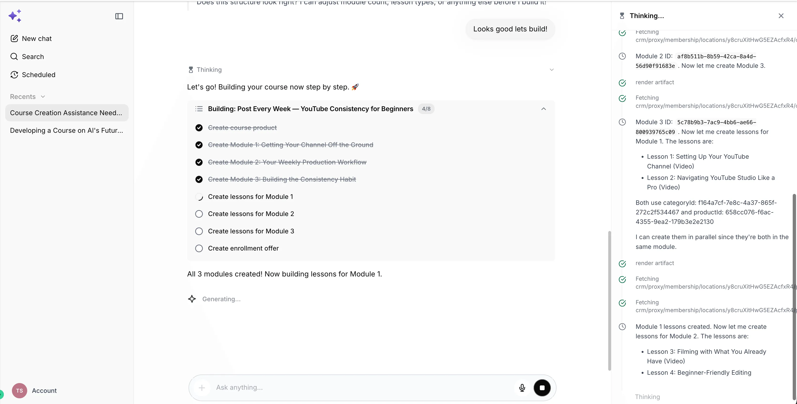 AskAI course management screenshot