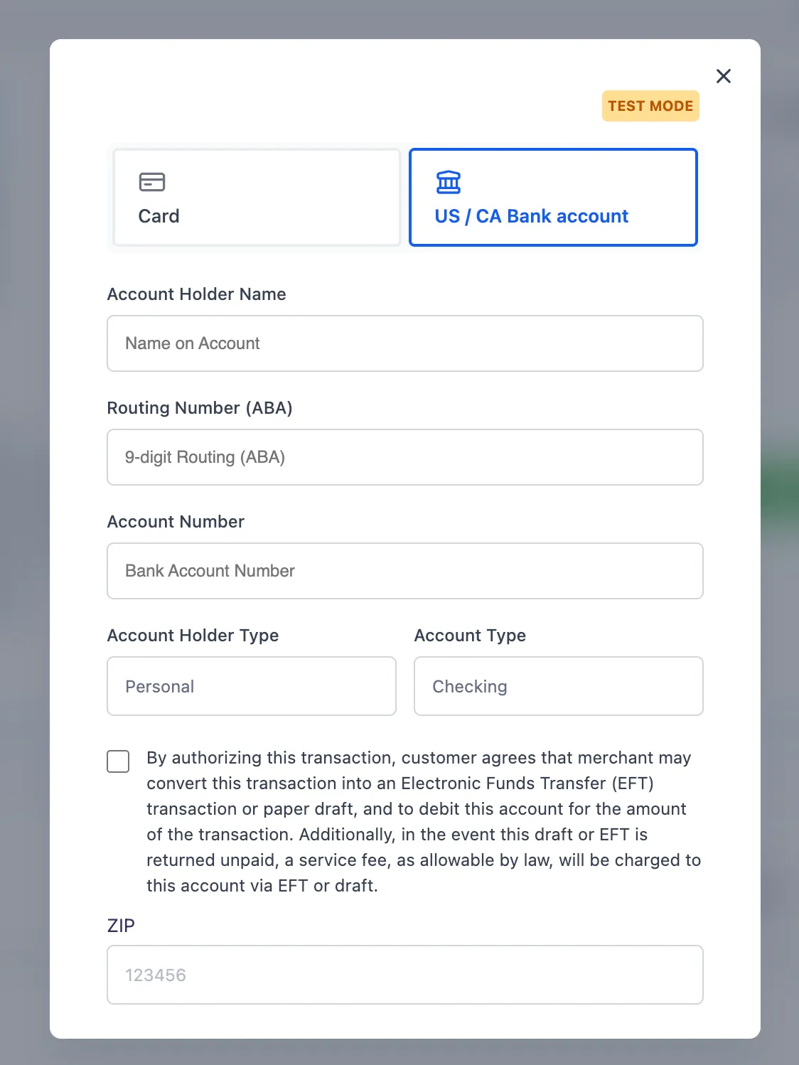 ACH on invoice for US bank