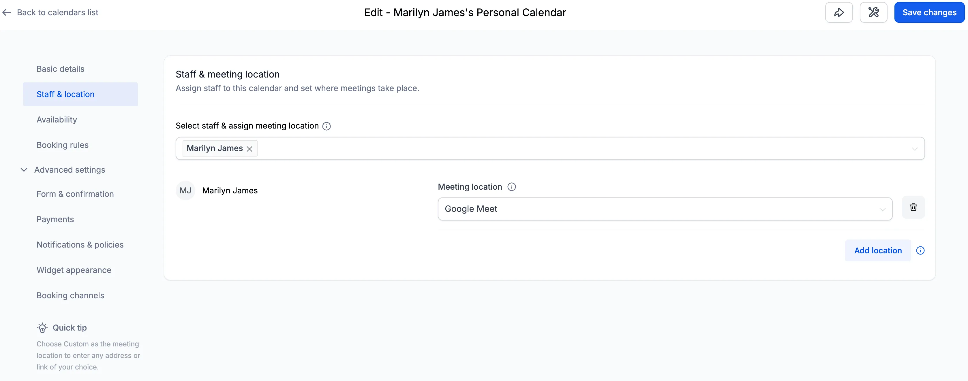 Calendar Settings sections