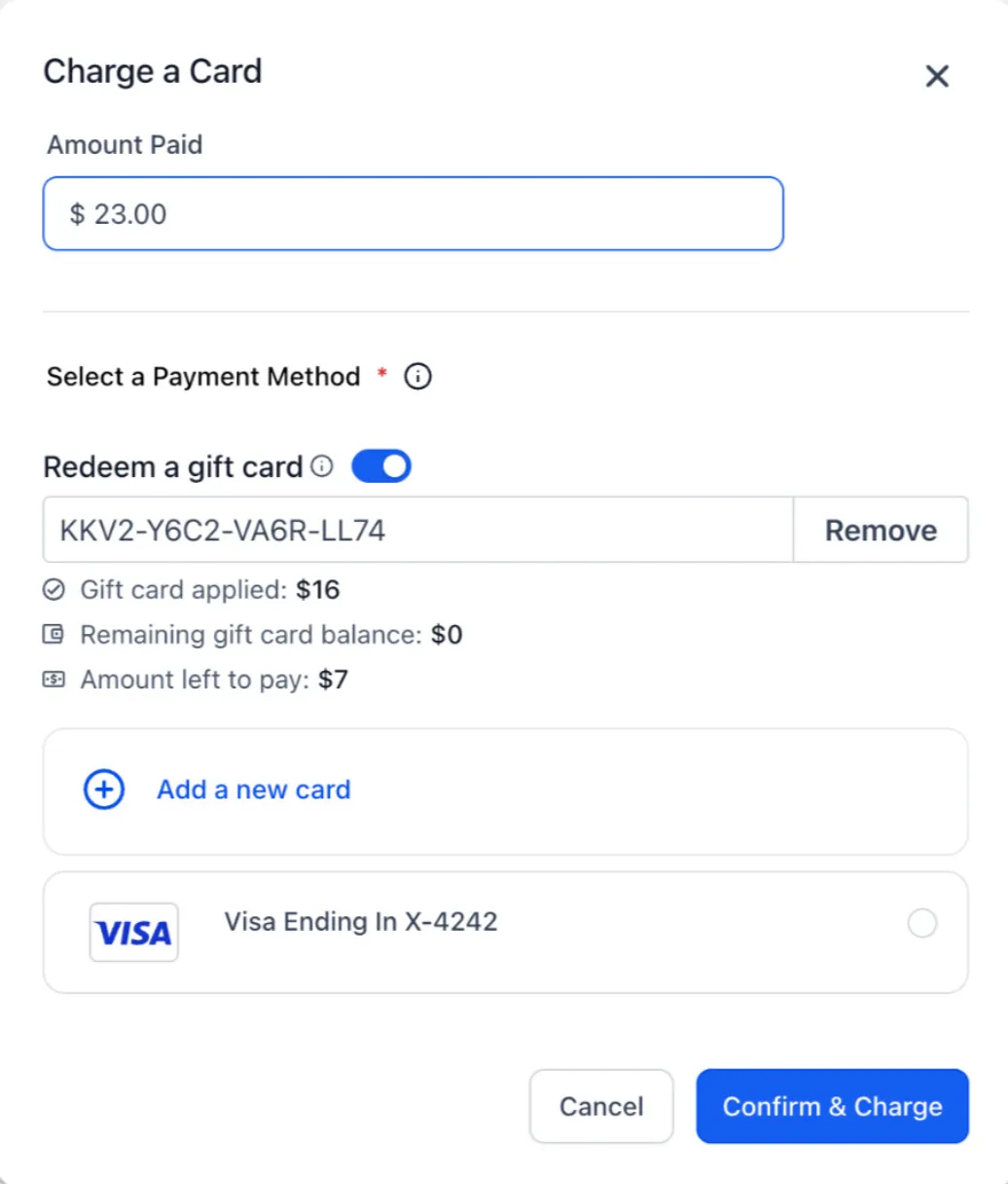 Gift card split payment details