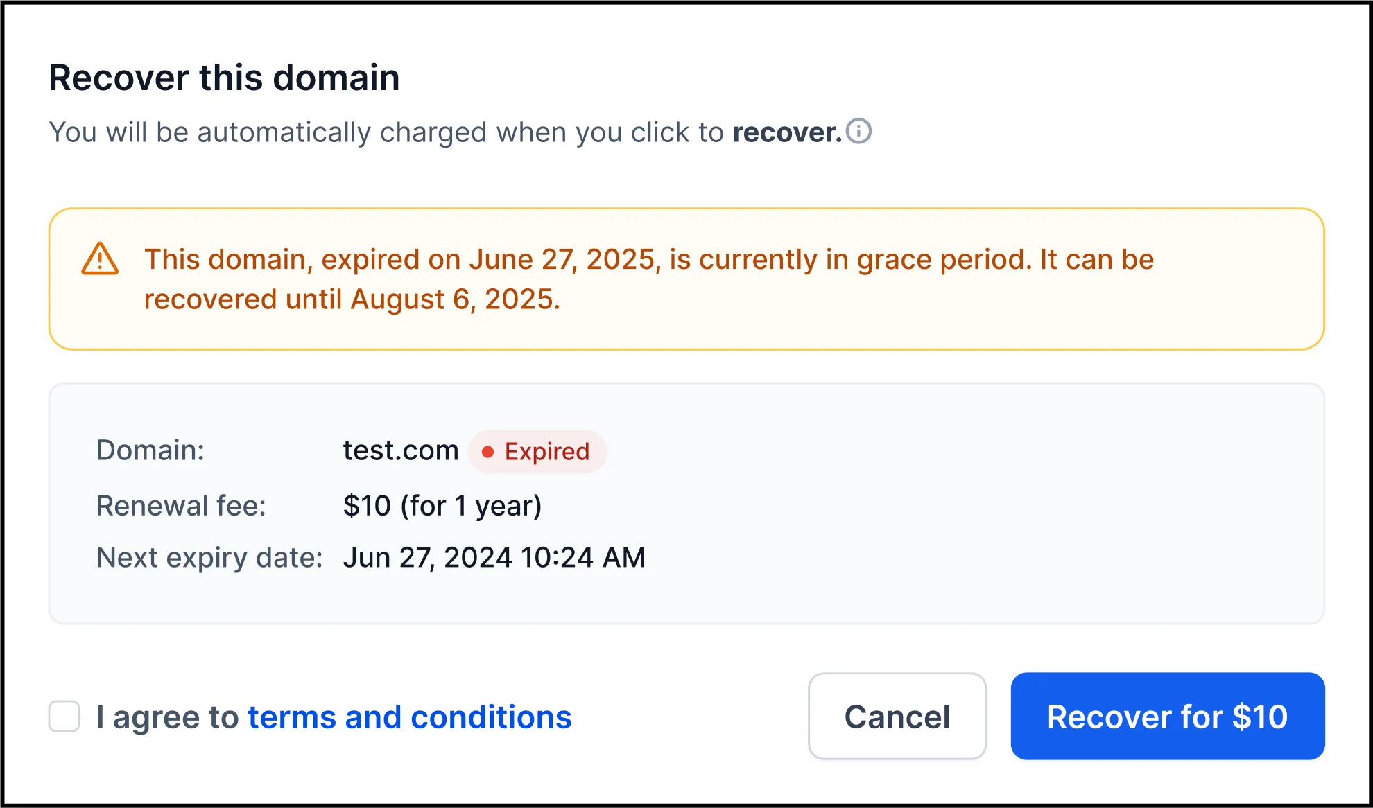 Domain recovery payment flow in SMBcrm