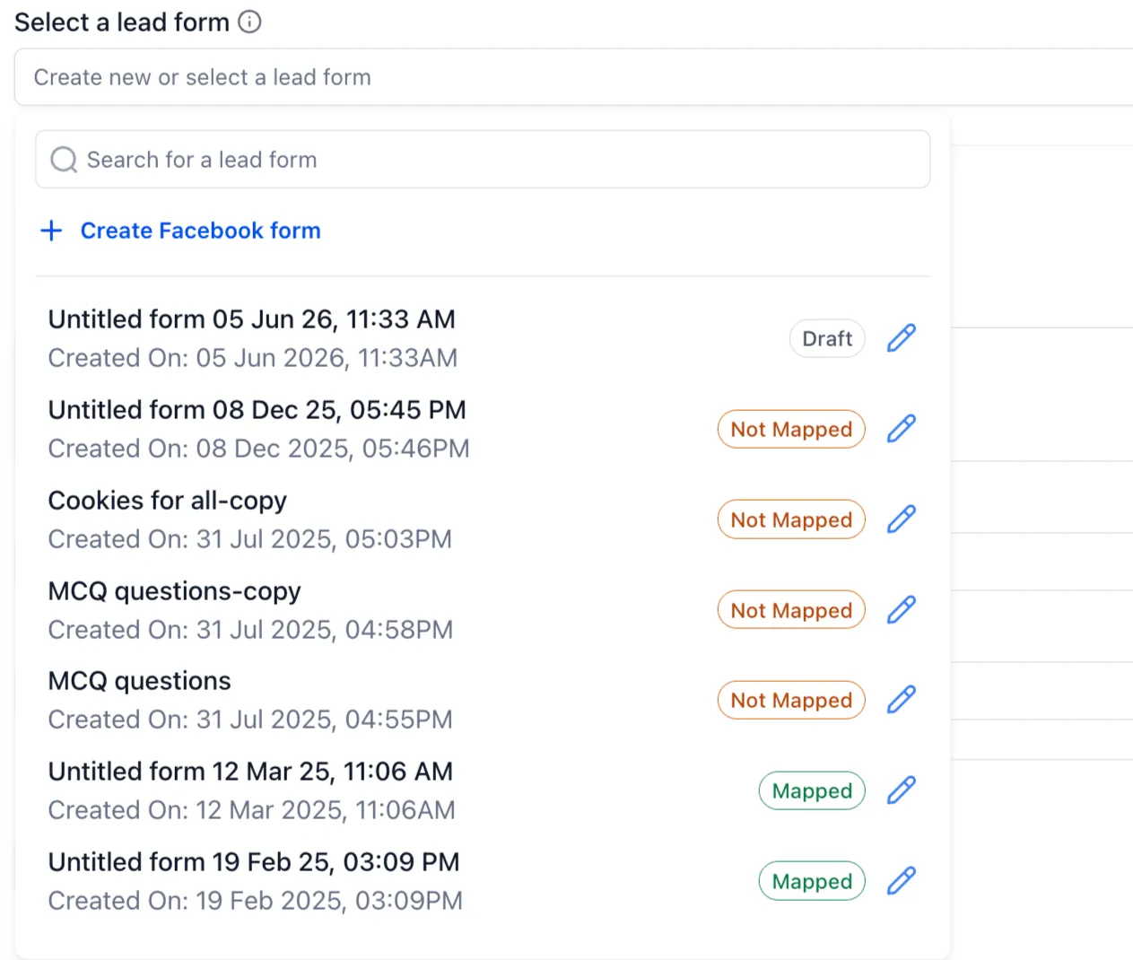 Draft Meta Lead Form shown in the selection dropdown