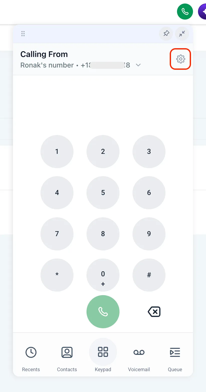 Audio settings gear in the web dialer